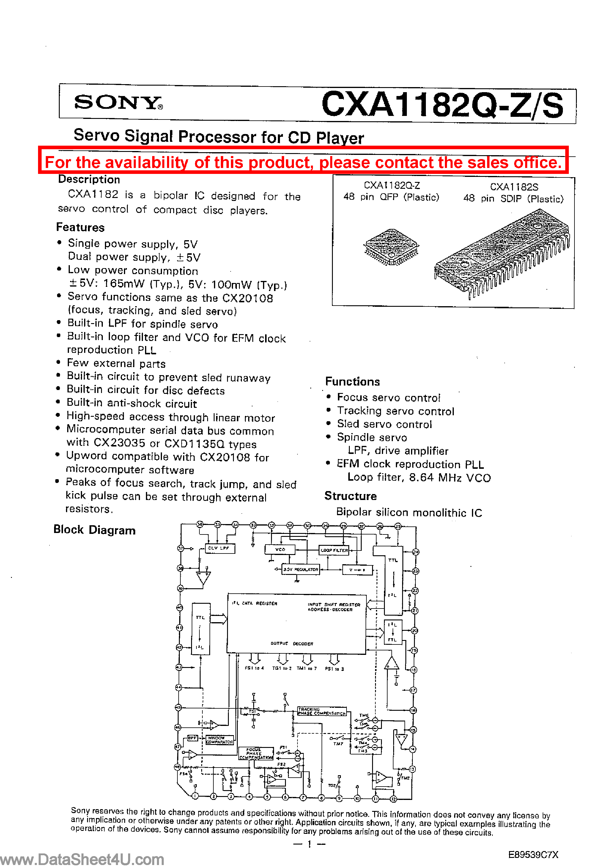 Даташит CXA1182Q - Servo Signal Processor страница 1