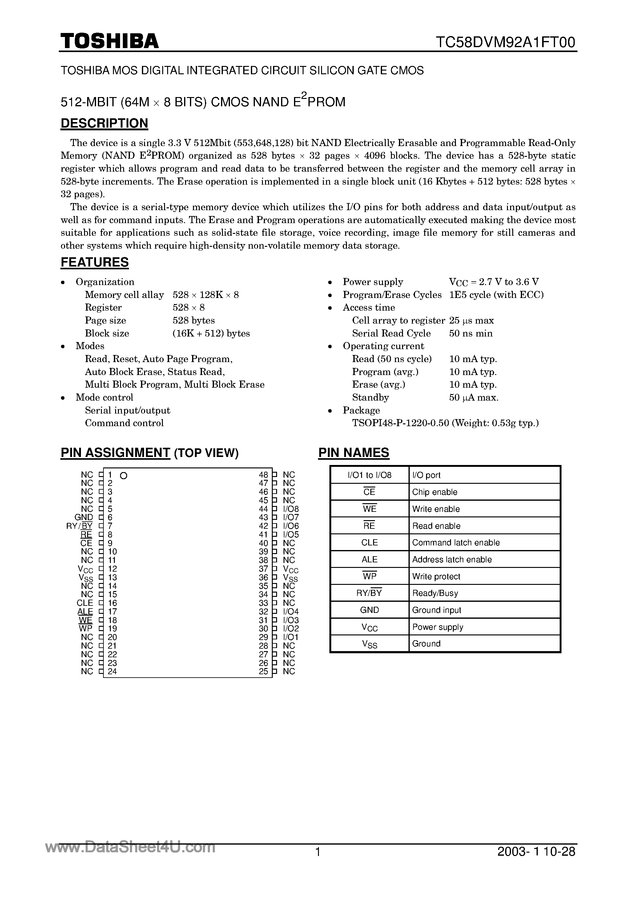 Datasheet TC58DVM92A1FT00 - 512M-Bit CMOS NAND EPROM page 1