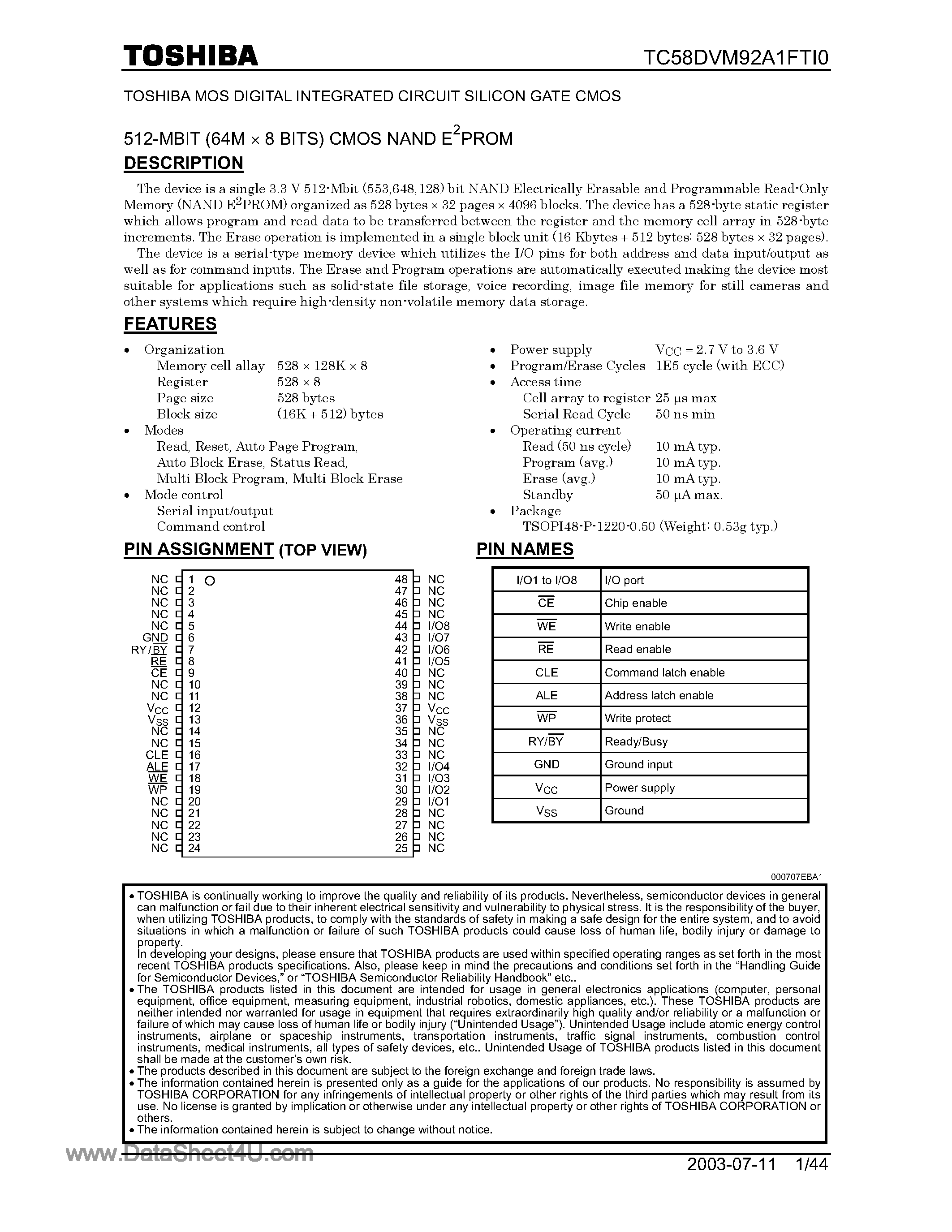 Datasheet TC58DVM92A1FT0 - 512M-Bit CMOS NAND EPROM page 1