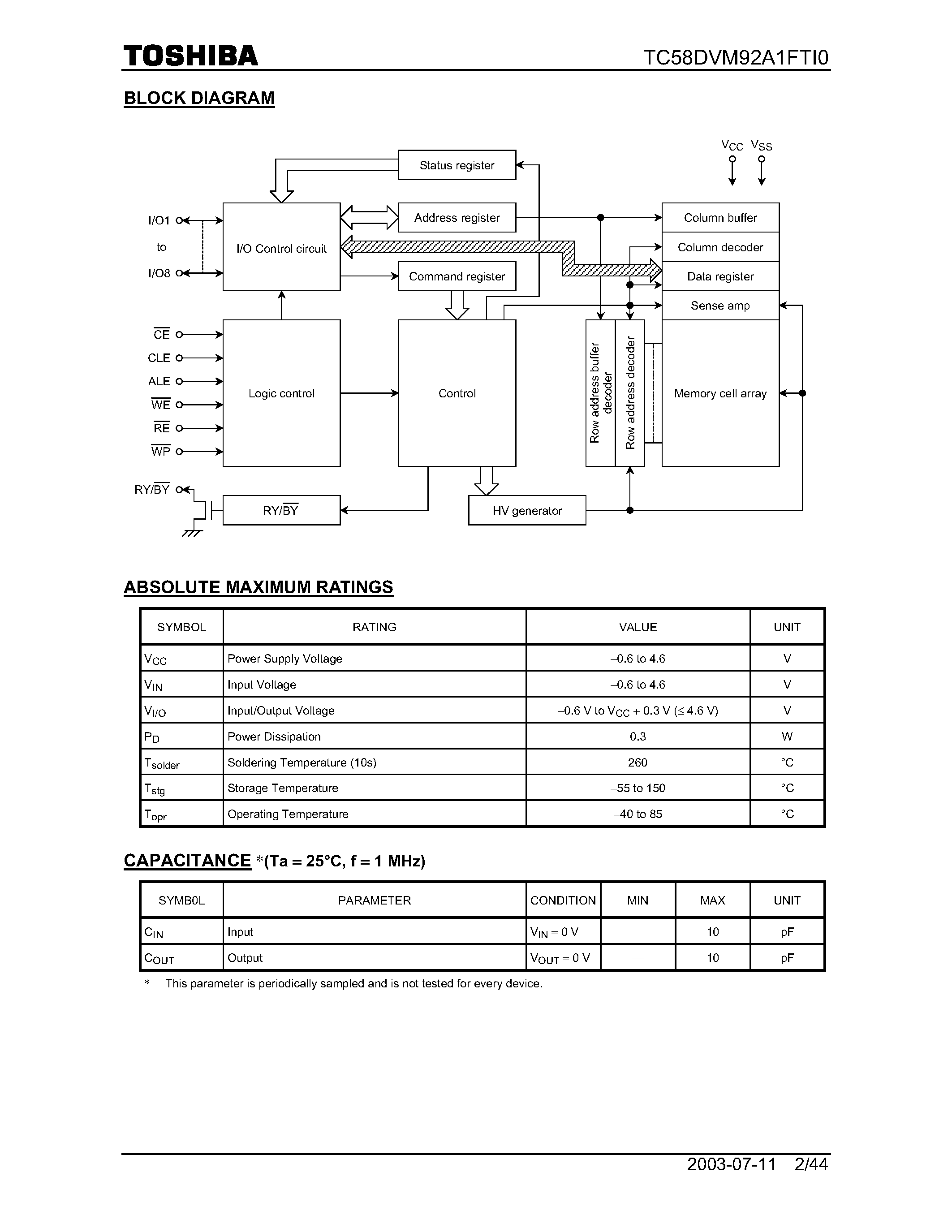 Datasheet TC58DVM92A1FT0 - 512M-Bit CMOS NAND EPROM page 2