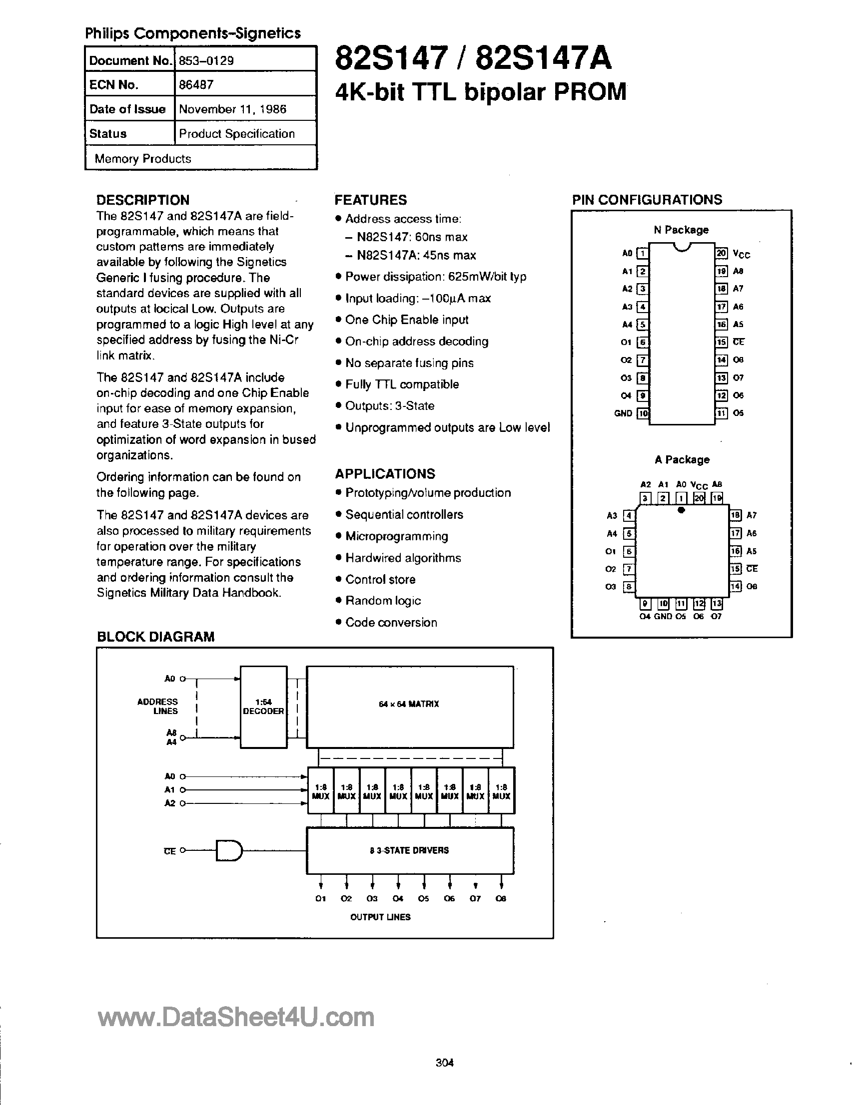 Даташит 82S147 - 4K-BIT TTL BIPLOAR PROM страница 1