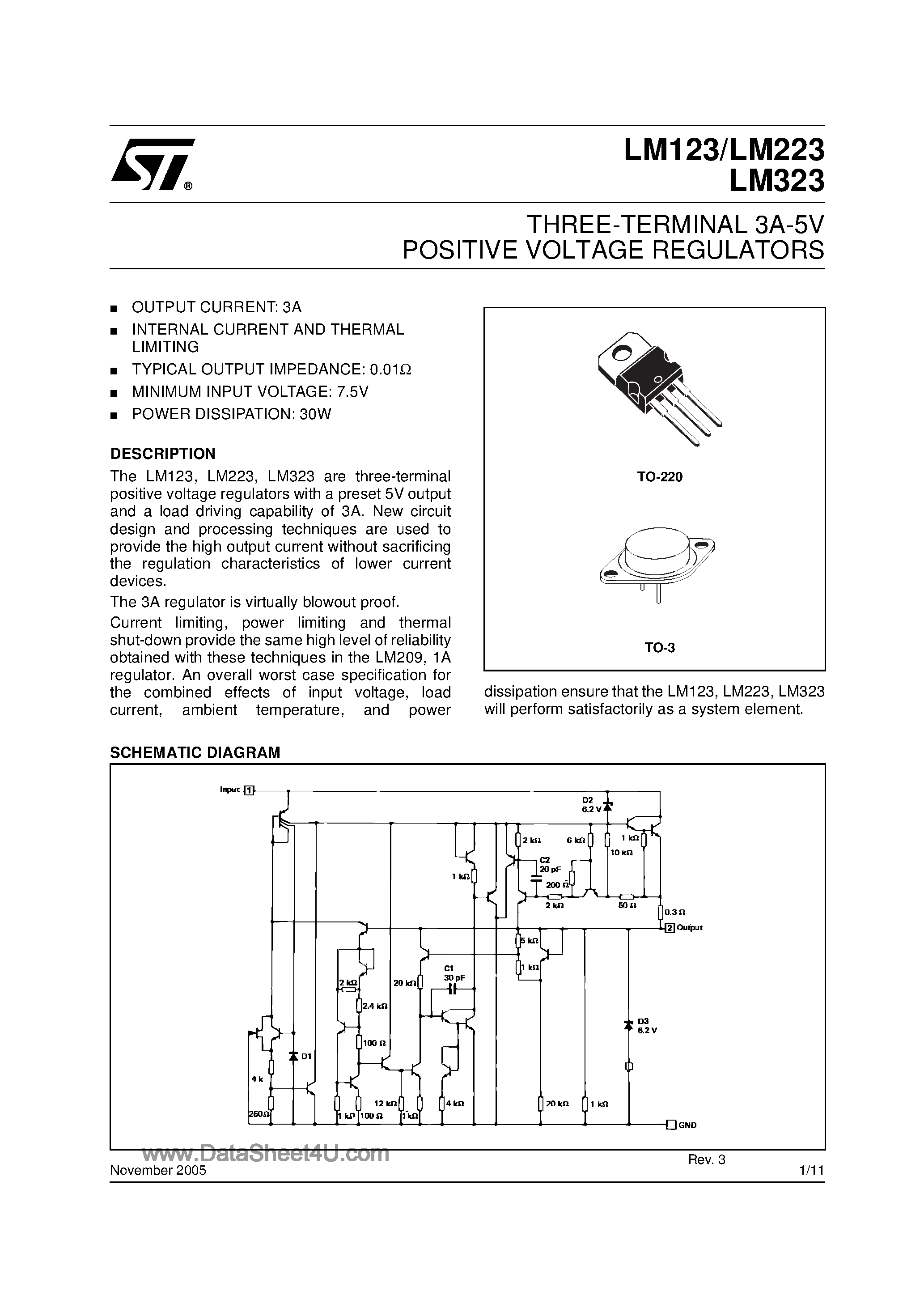 Datasheet LM323 - 3-Terminal 3A-5V Positive Voltage Regulators page 1