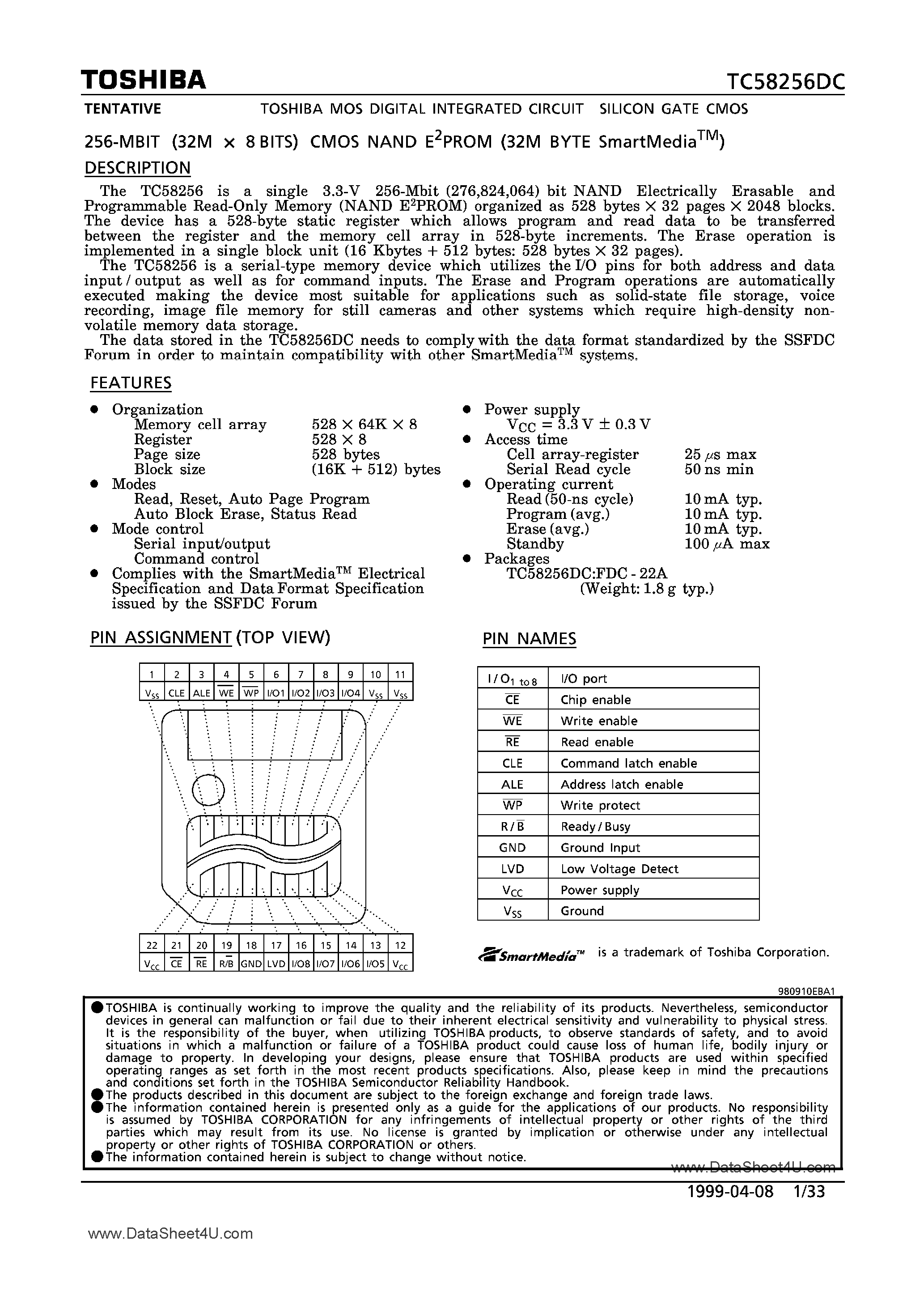 Datasheet TC58256DC - CMOS NAND EPROM page 1