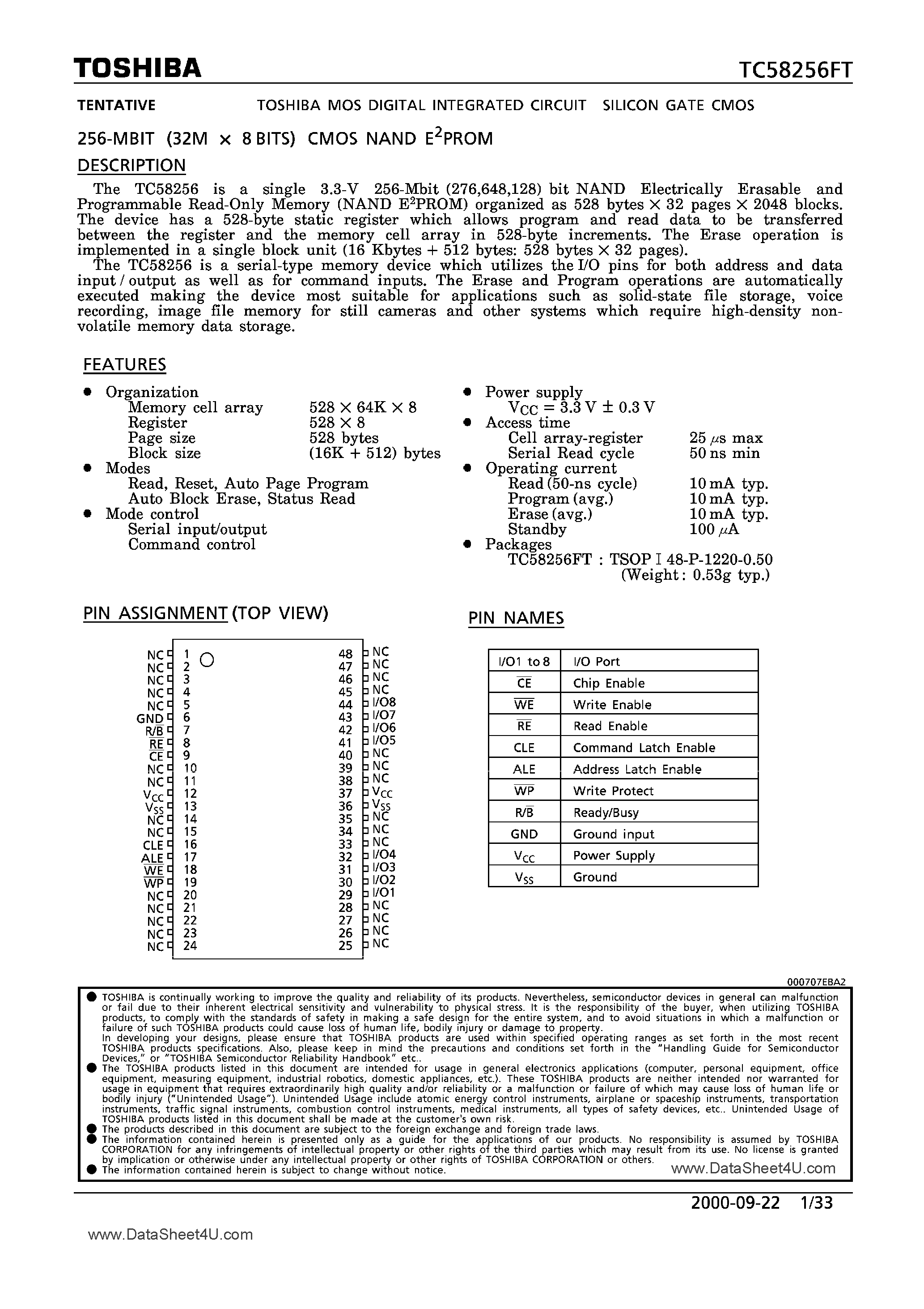 Datasheet TC58256FT - CMOS NAND EPROM page 1