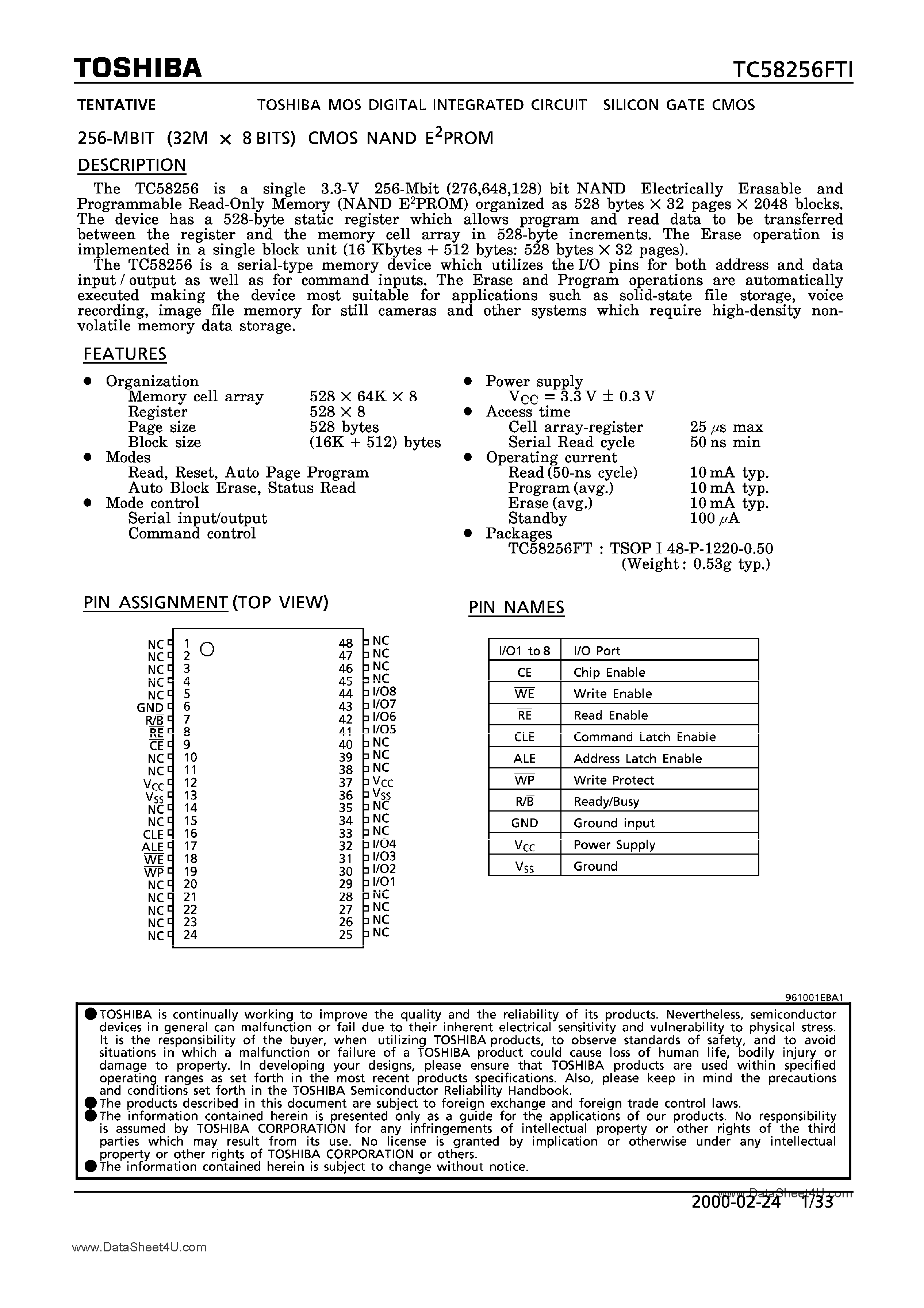 Datasheet TC58256FTI - CMOS NAND EPROM page 1