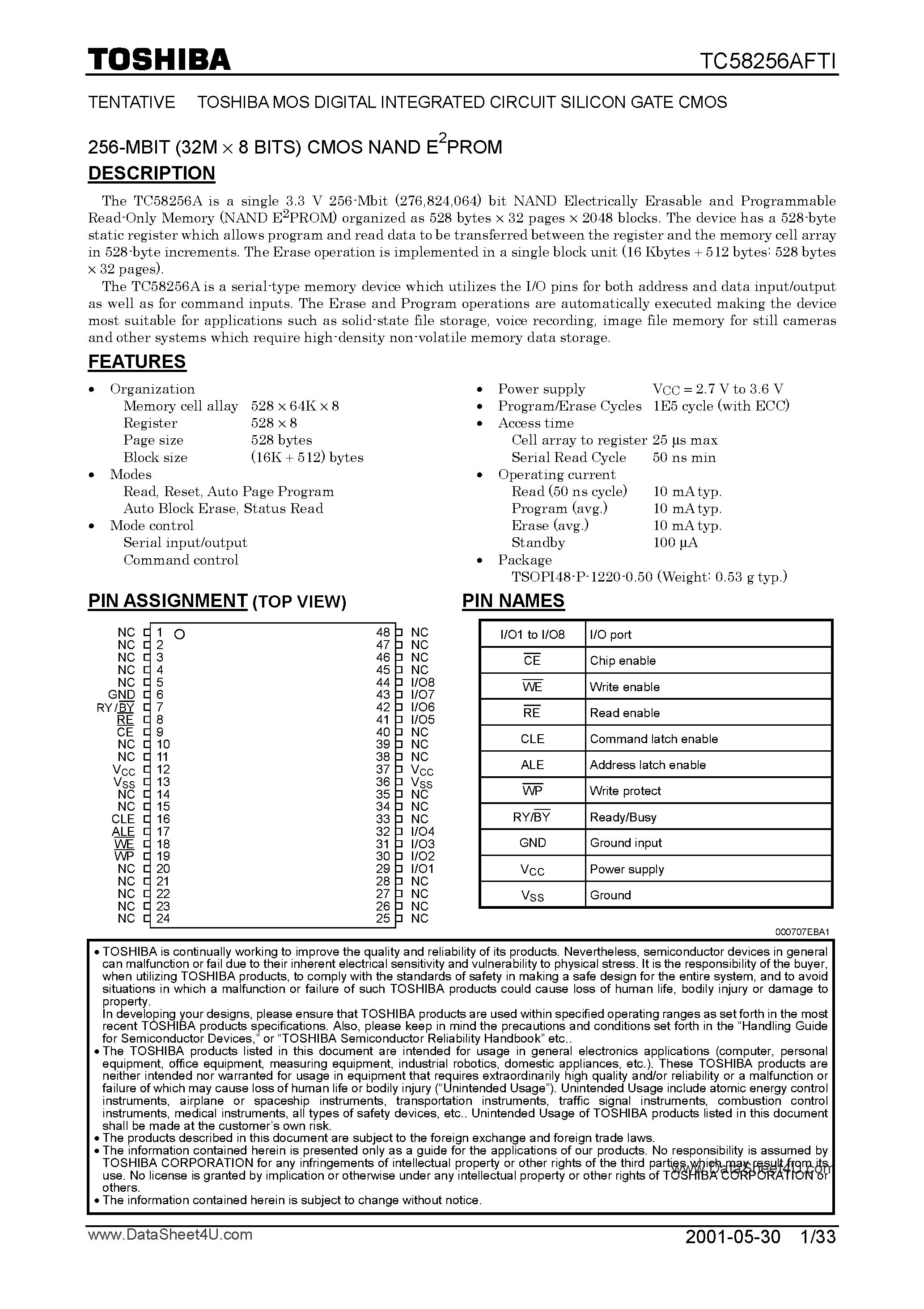 Datasheet TC58256AFTI - CMOS NAND EPROM page 1