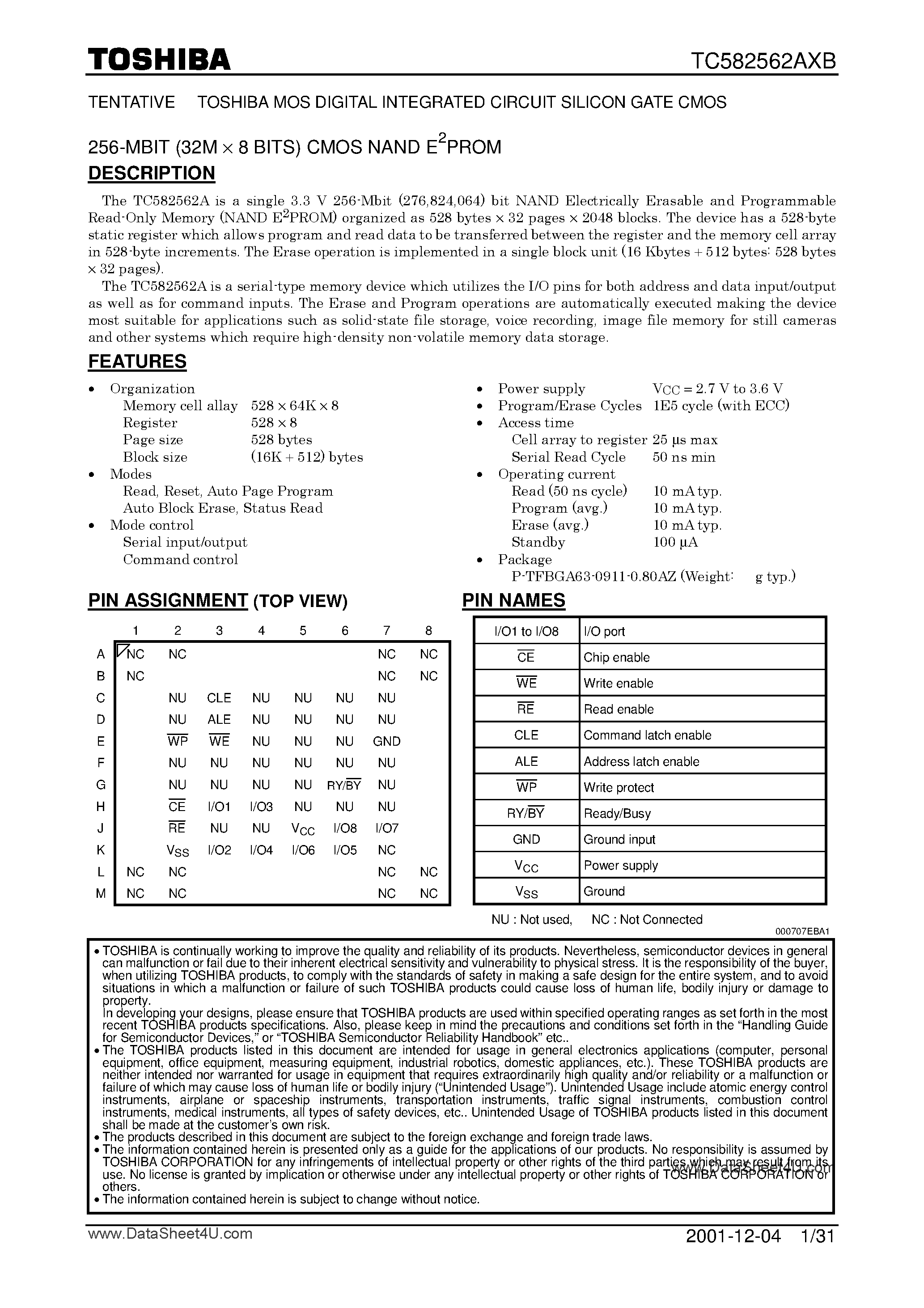 Datasheet TC582562AXB - CMOS NAND EPROM page 1