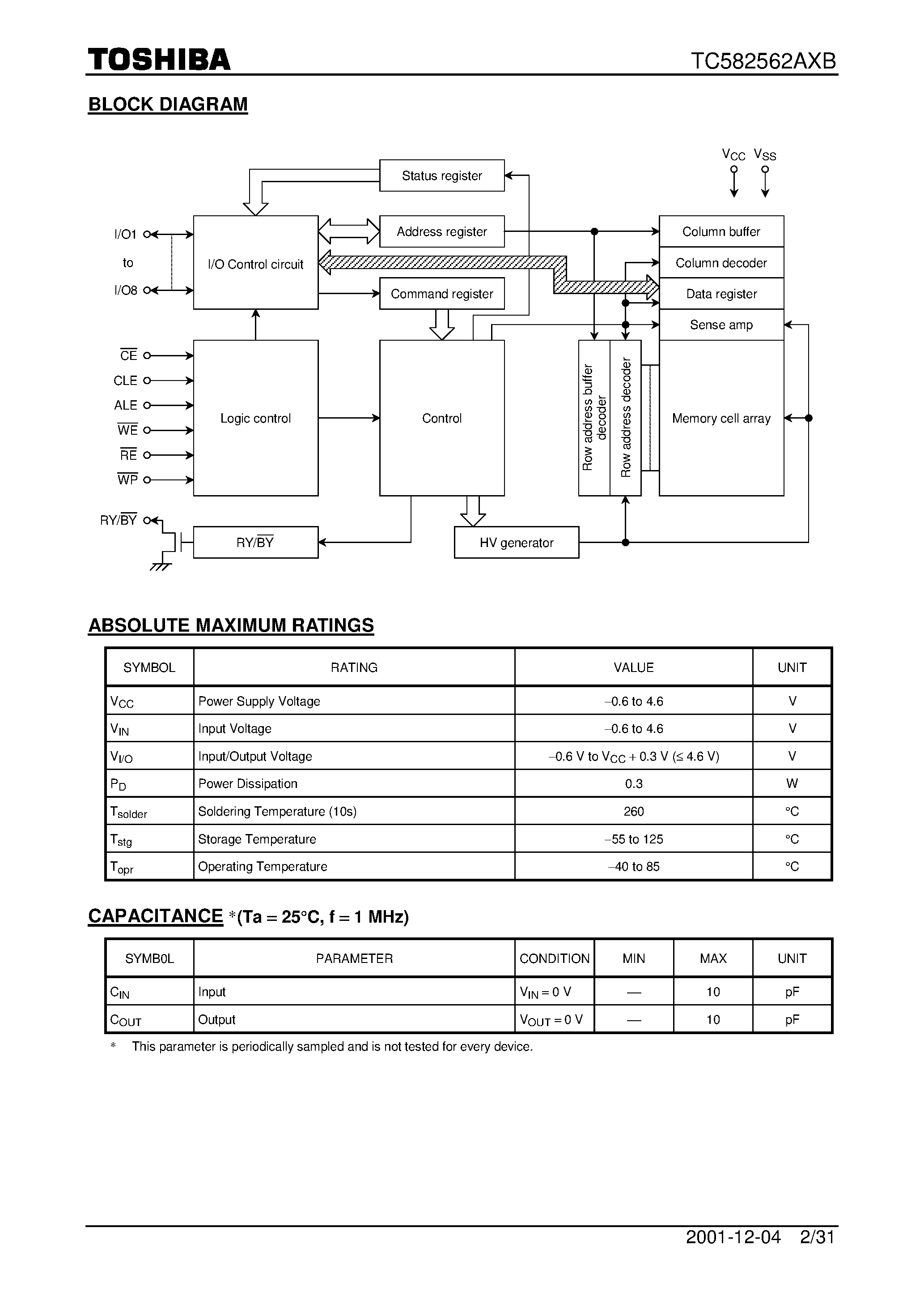 Datasheet TC582562AXB - CMOS NAND EPROM page 2