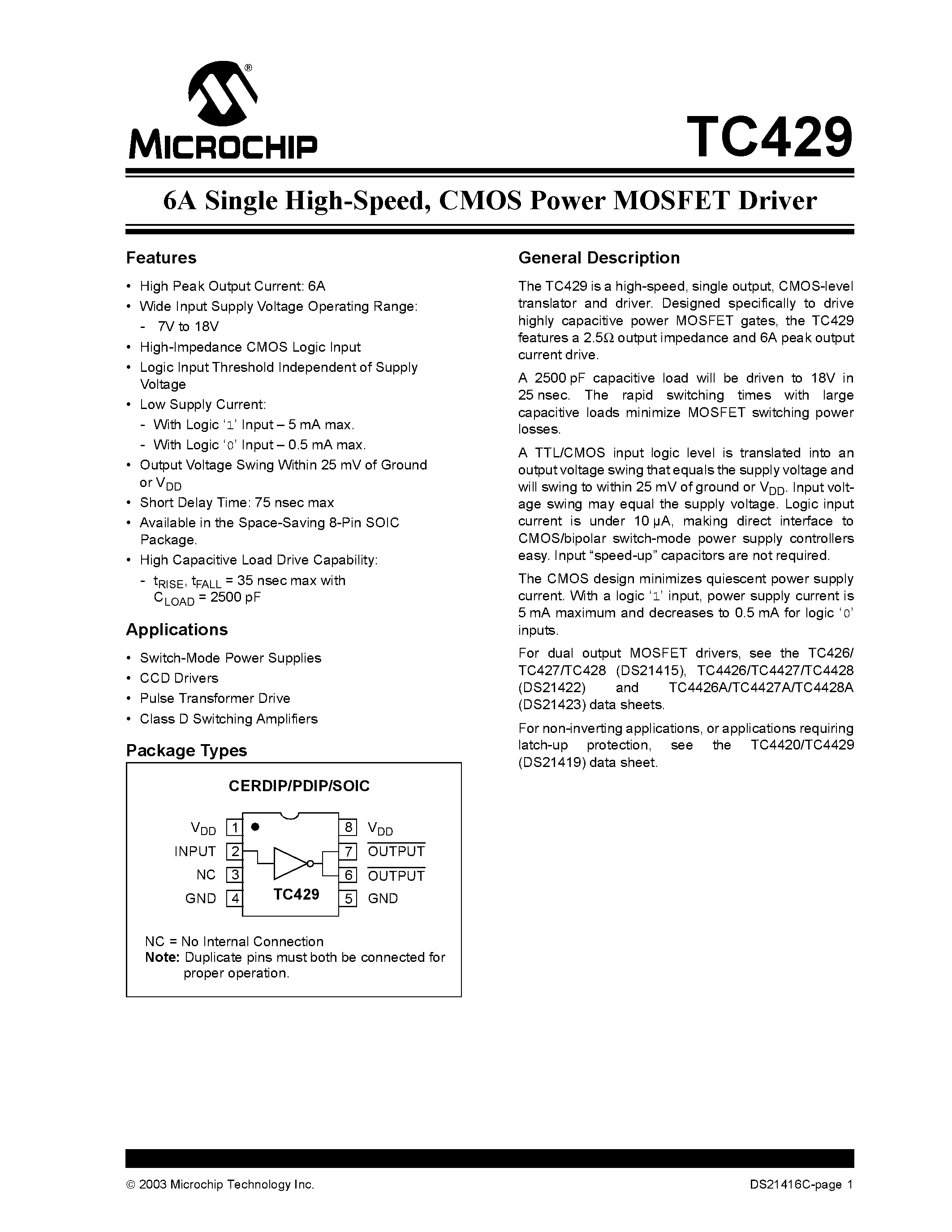 Даташит TC429 - CMOS Power MOSFET Driver страница 1