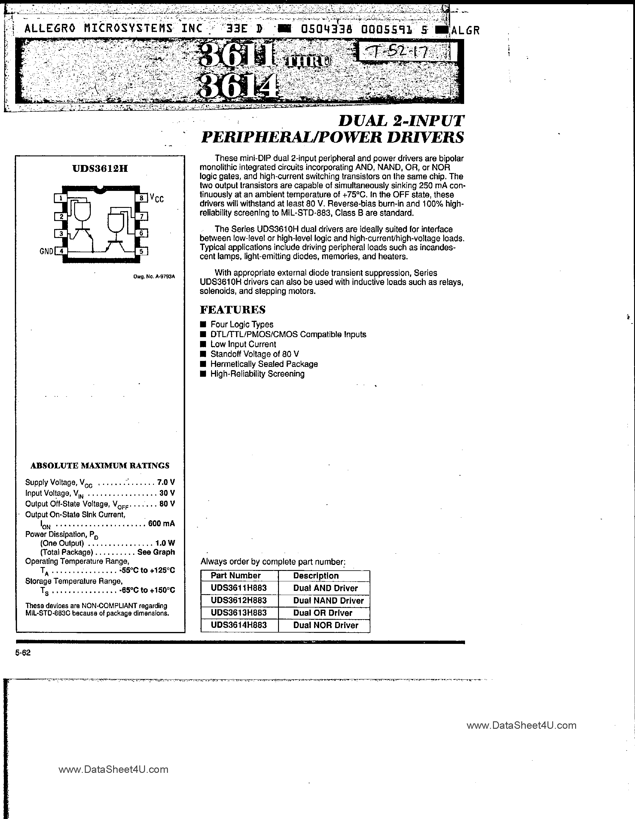 Даташит UDS-3611 - (UDS3611 - UDS3614) Dual 2-Input Peropheral / Power Drivers страница 1