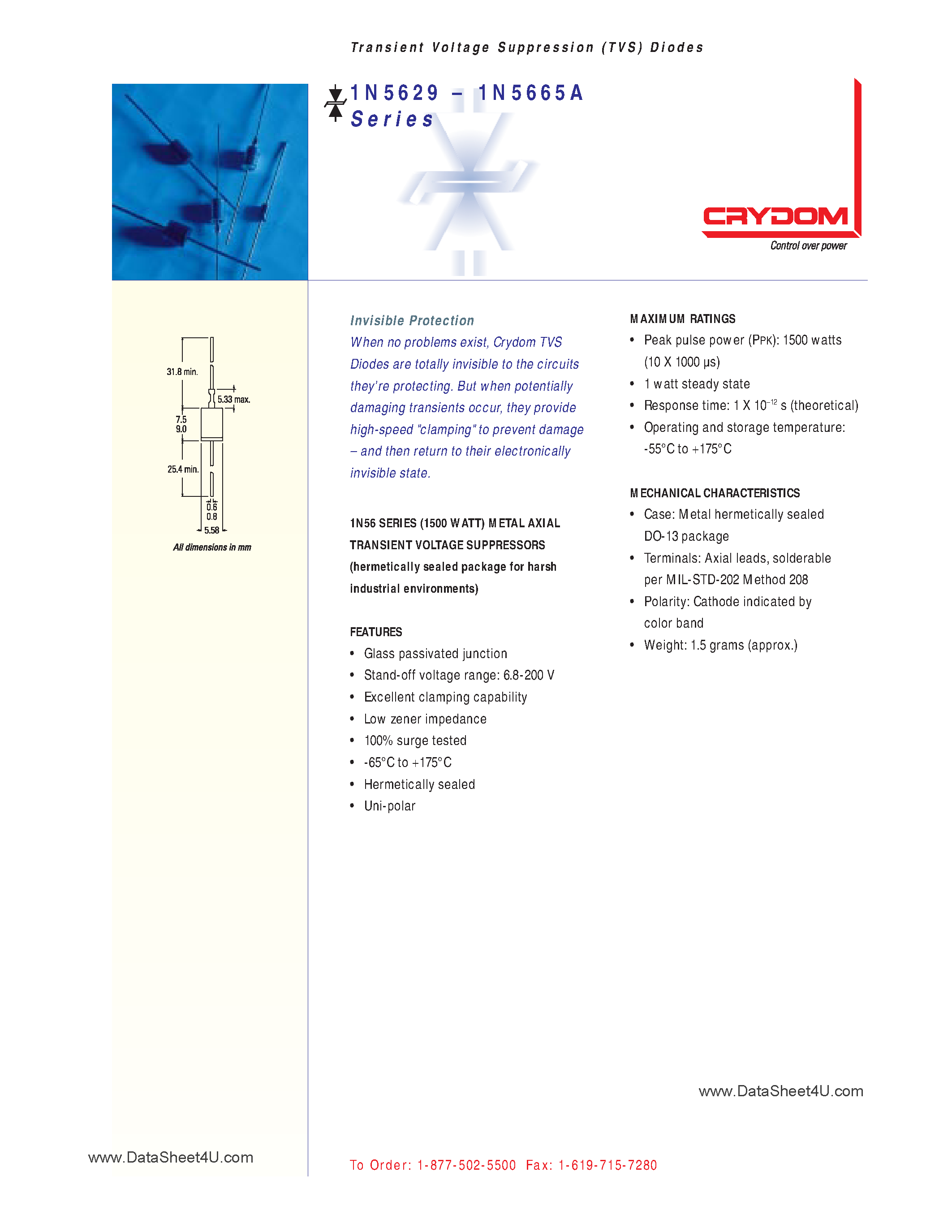 Datasheet 1N5629 - (1N5626 - 1N5665A) TRANSIENT SUPPRESSOR DIODE page 1