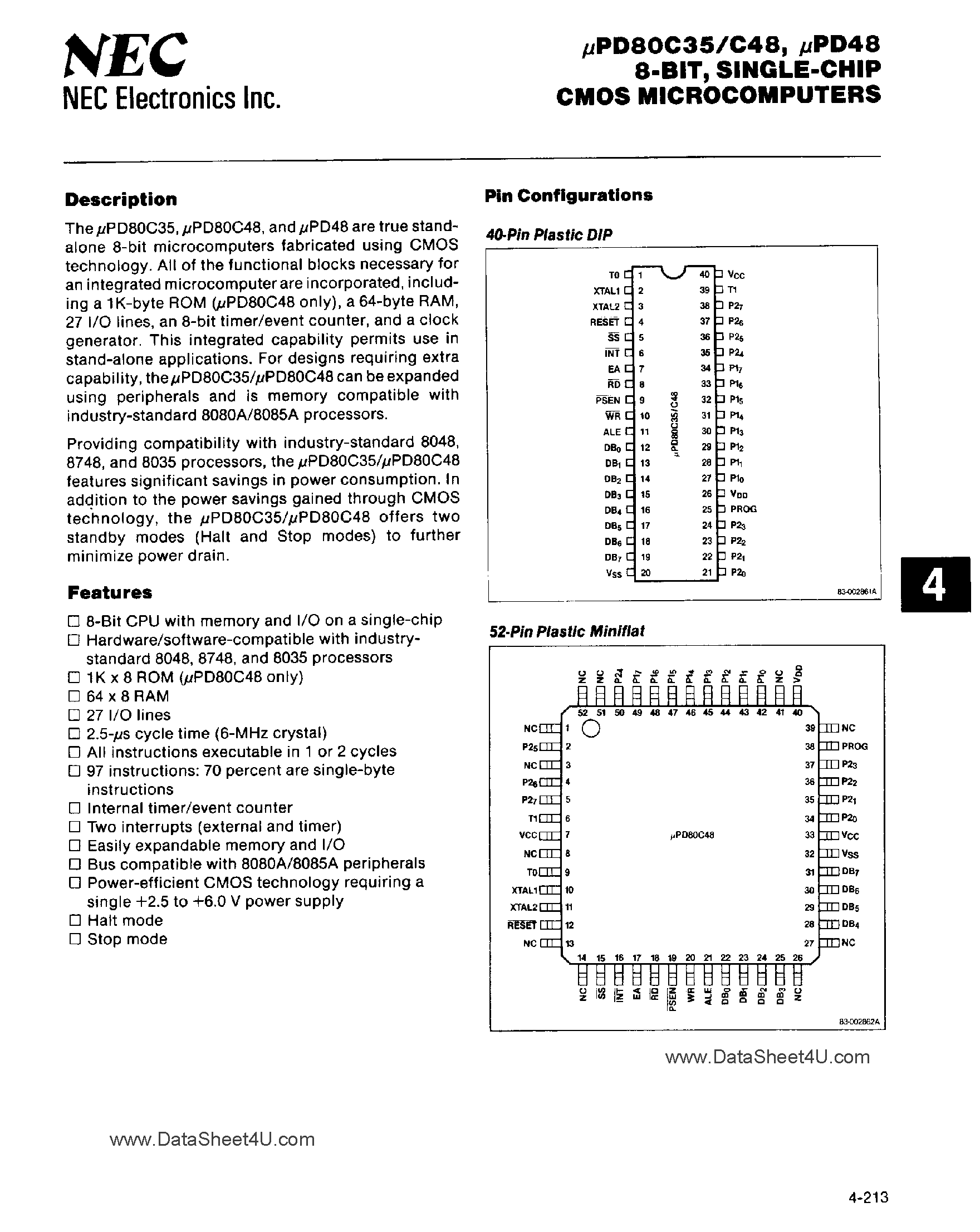 Даташит UPD80C35 - (UPD80C35 / UPD80C48) 8-Bit CMOS Microcomputers страница 1