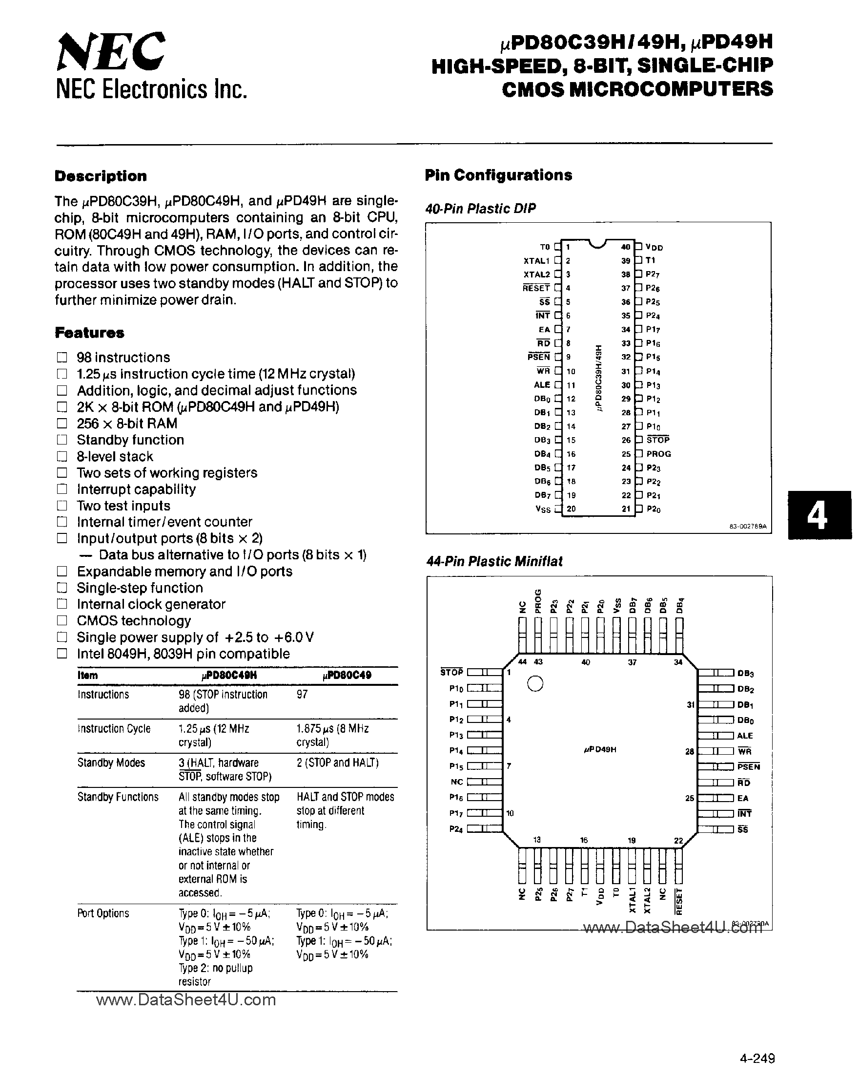 Даташит UPD80C39H - (UPD80C39H / UPD80C49H) High Speed 8-Bit CMOS Microcomputers страница 1