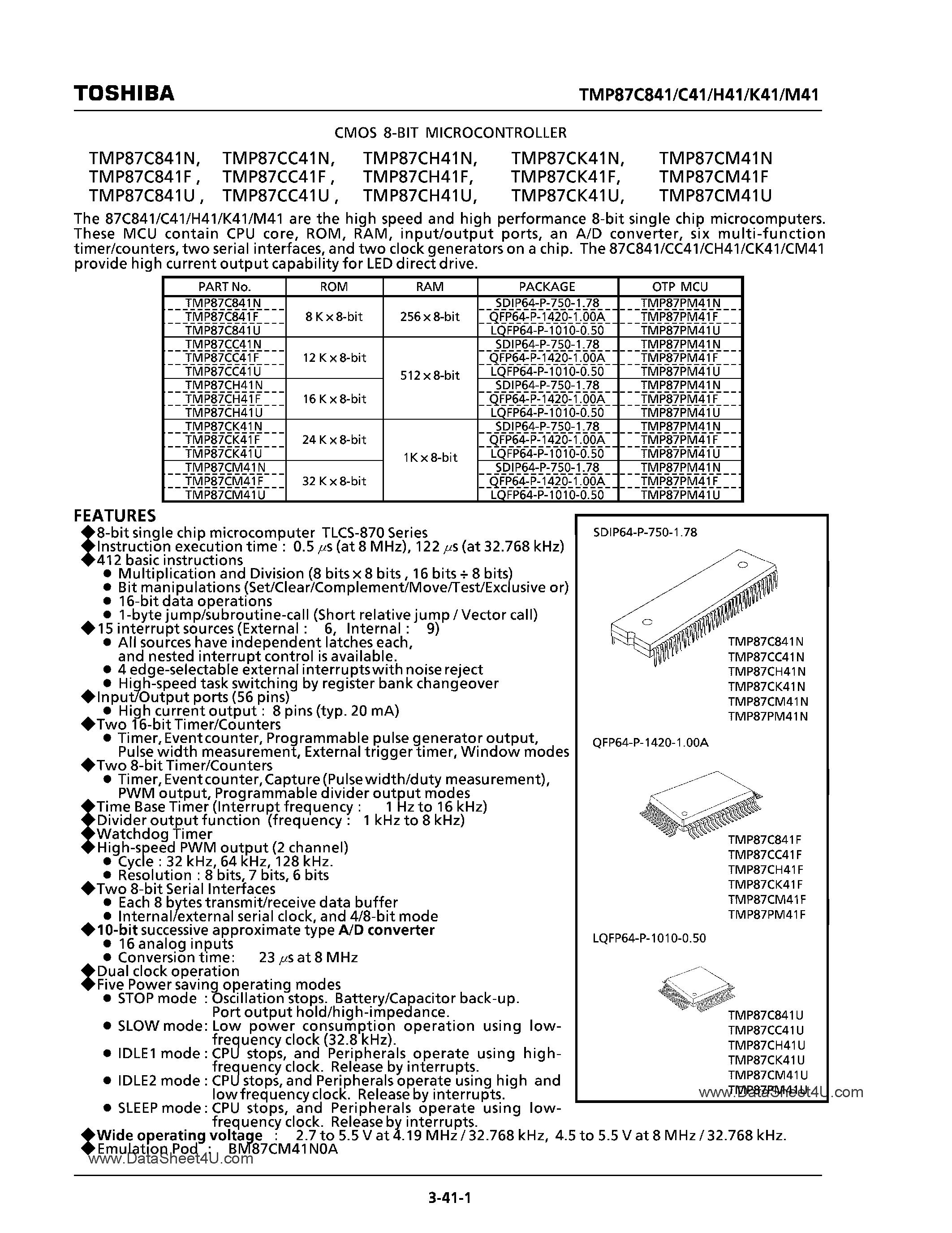 Datasheet TMP87C841 - (TMP87Cx41) CMOS 8-Bit Microcontroller page 1