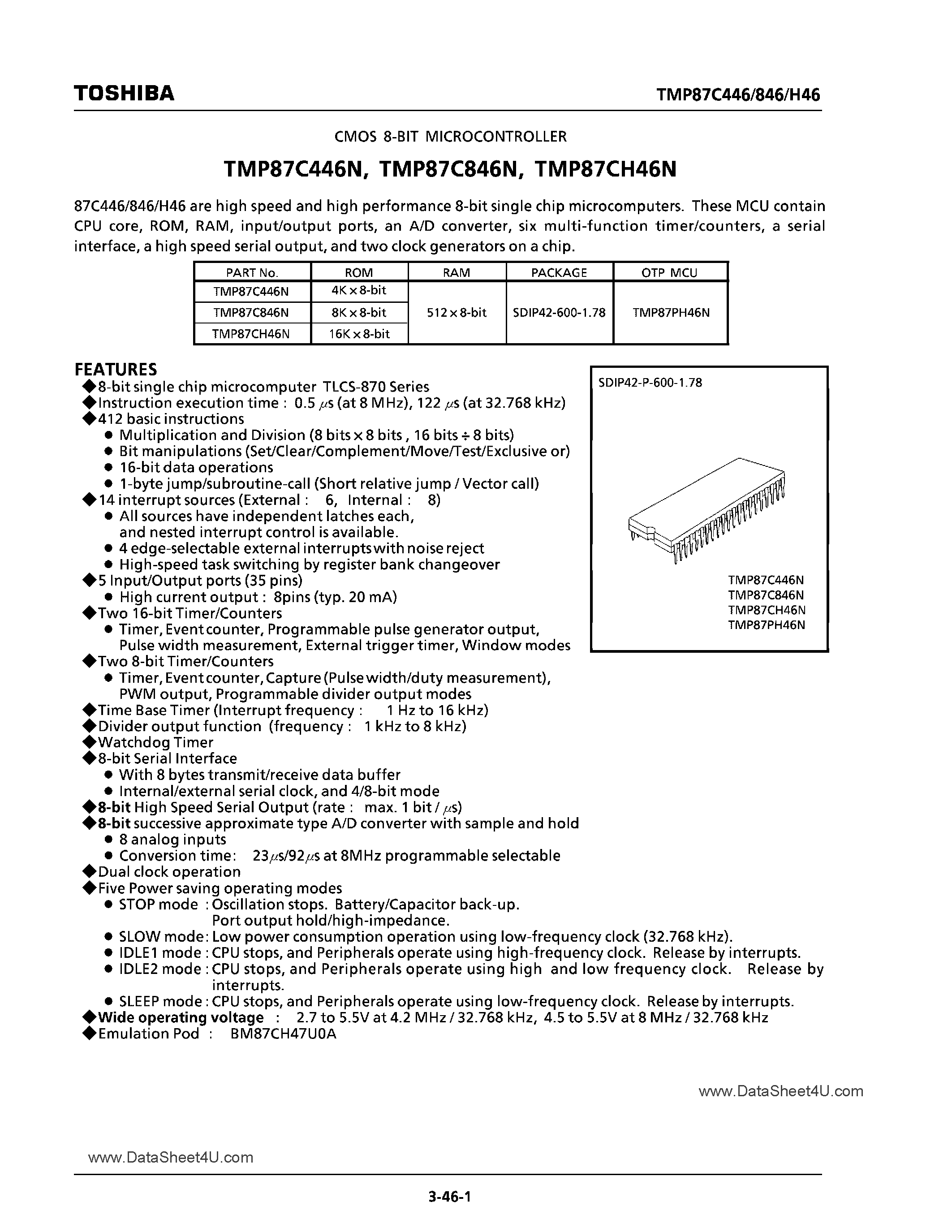 Datasheet TMP87C446 - (TMP87Cx46) CMOS 8-Bit Microcontroller page 1