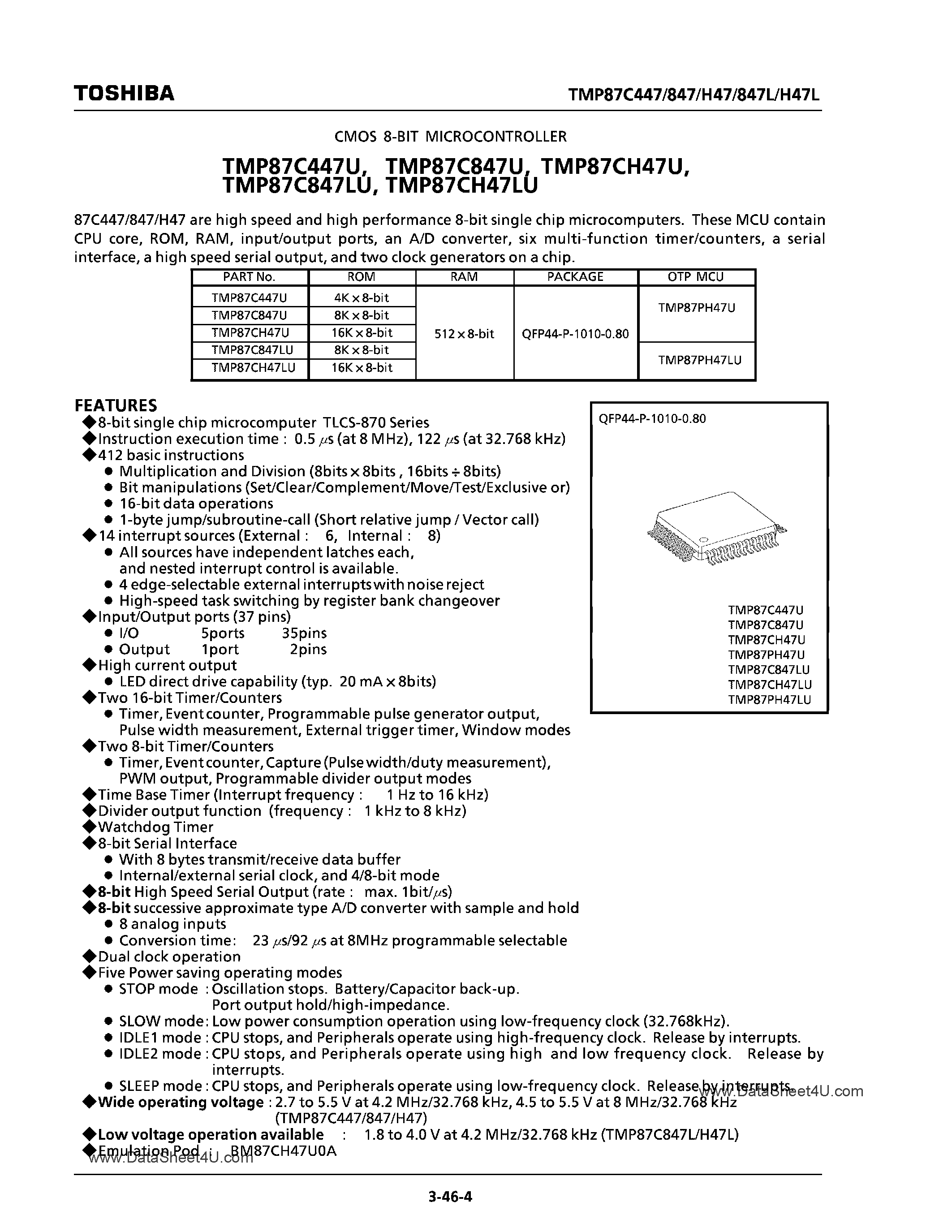 Даташит TMP87C447 - (TMP87Cx47) CMOS 8-Bit Microcontroller страница 1