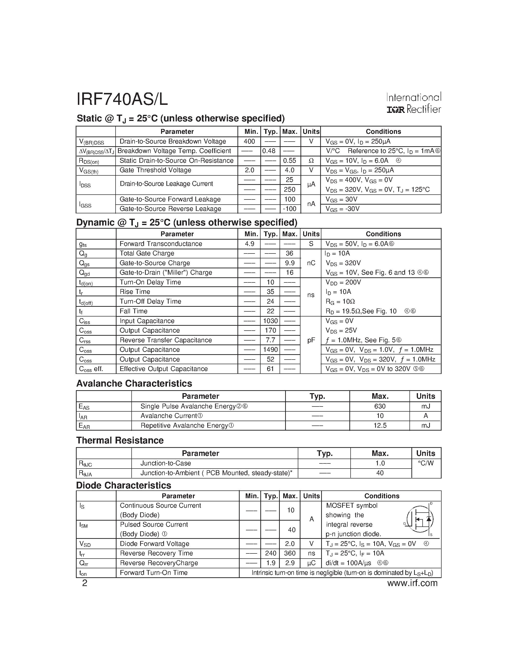 Datasheet IRF740AL - (IRF740AS/L) Power MOSFET page 2