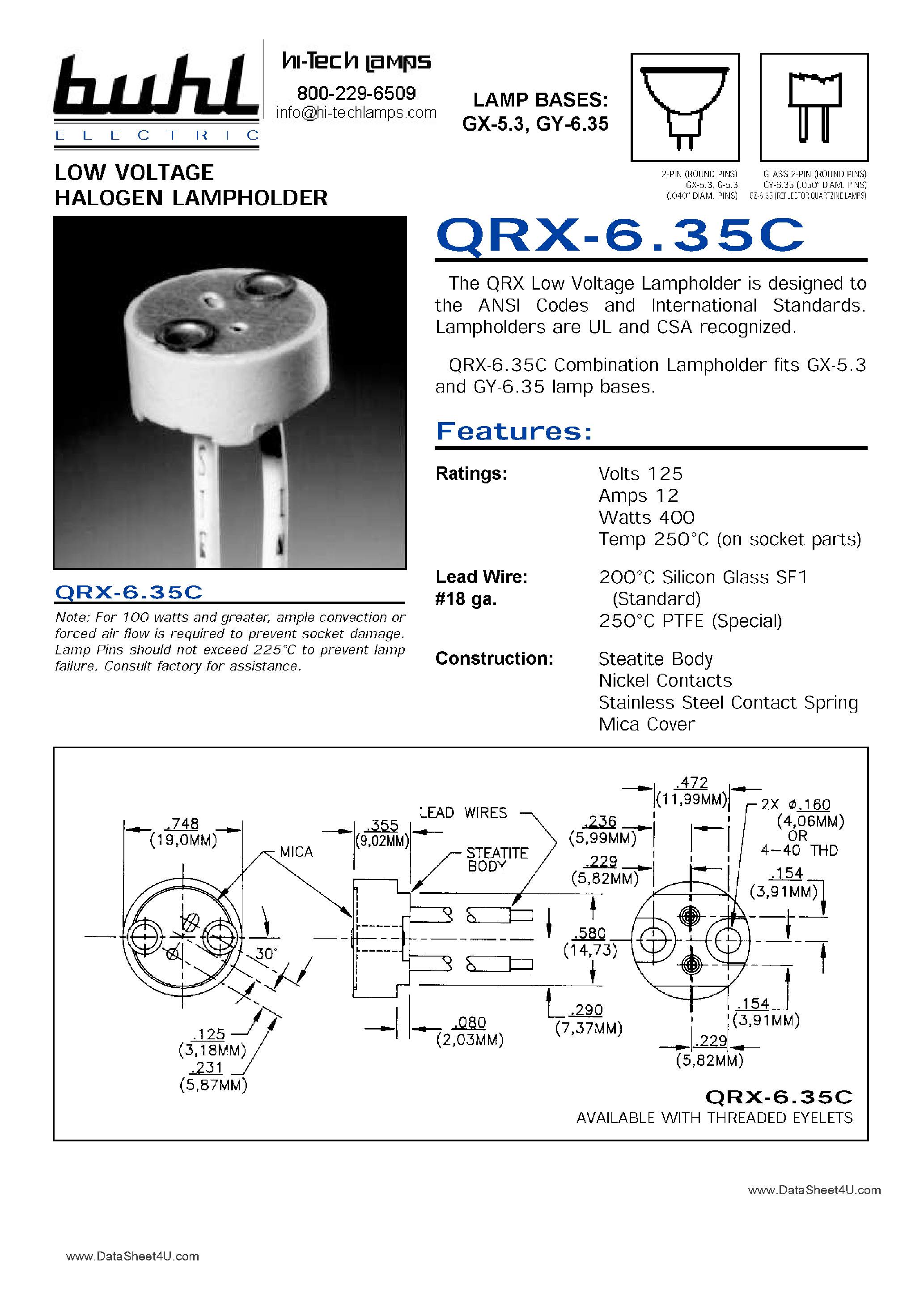 Datasheet QRX-6.35C - Low Voltage Halogen Lampholder page 1