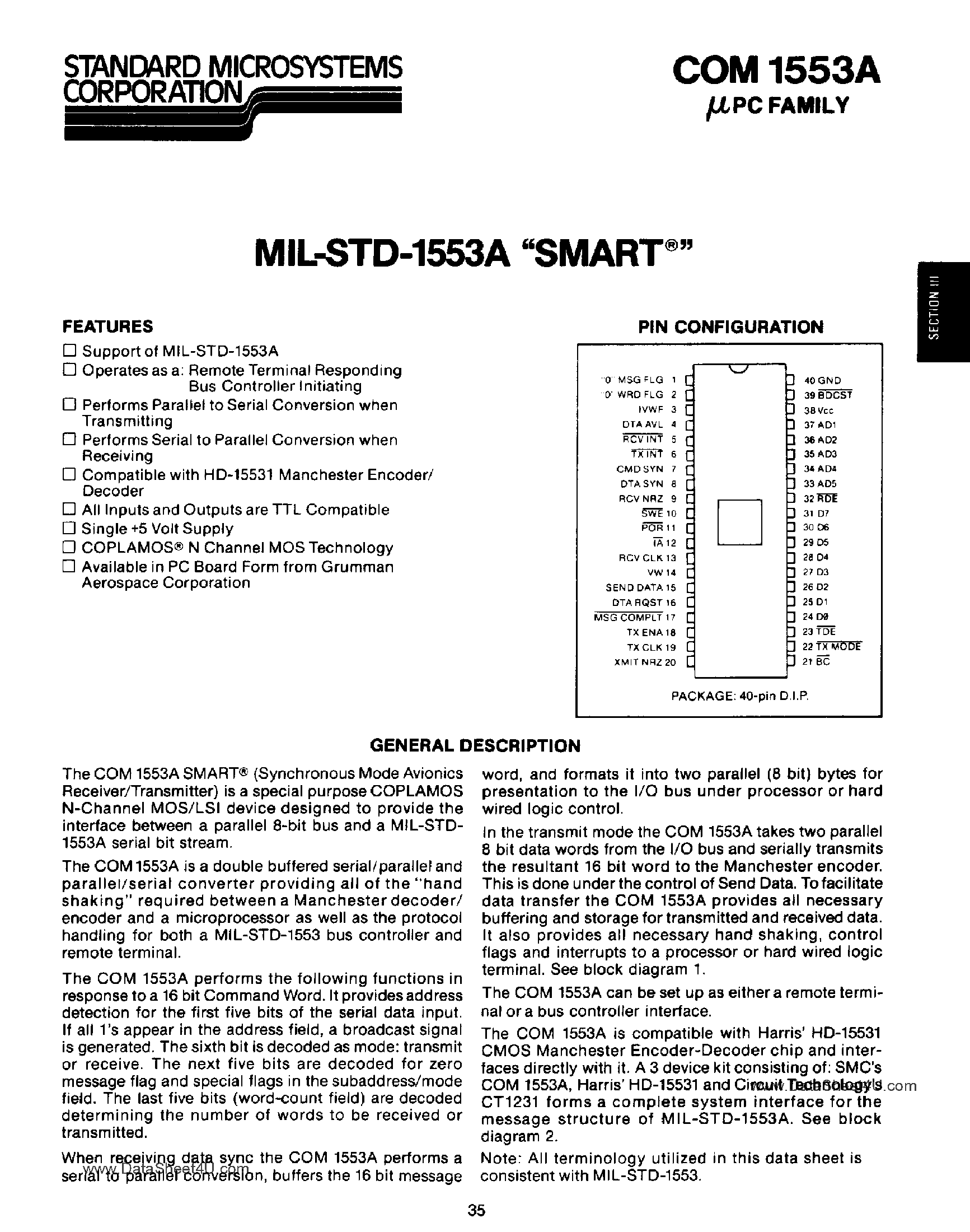 Даташит COM1553A - MIL-STD-1553/ARINC BUS CONTROLLER/RTU страница 1