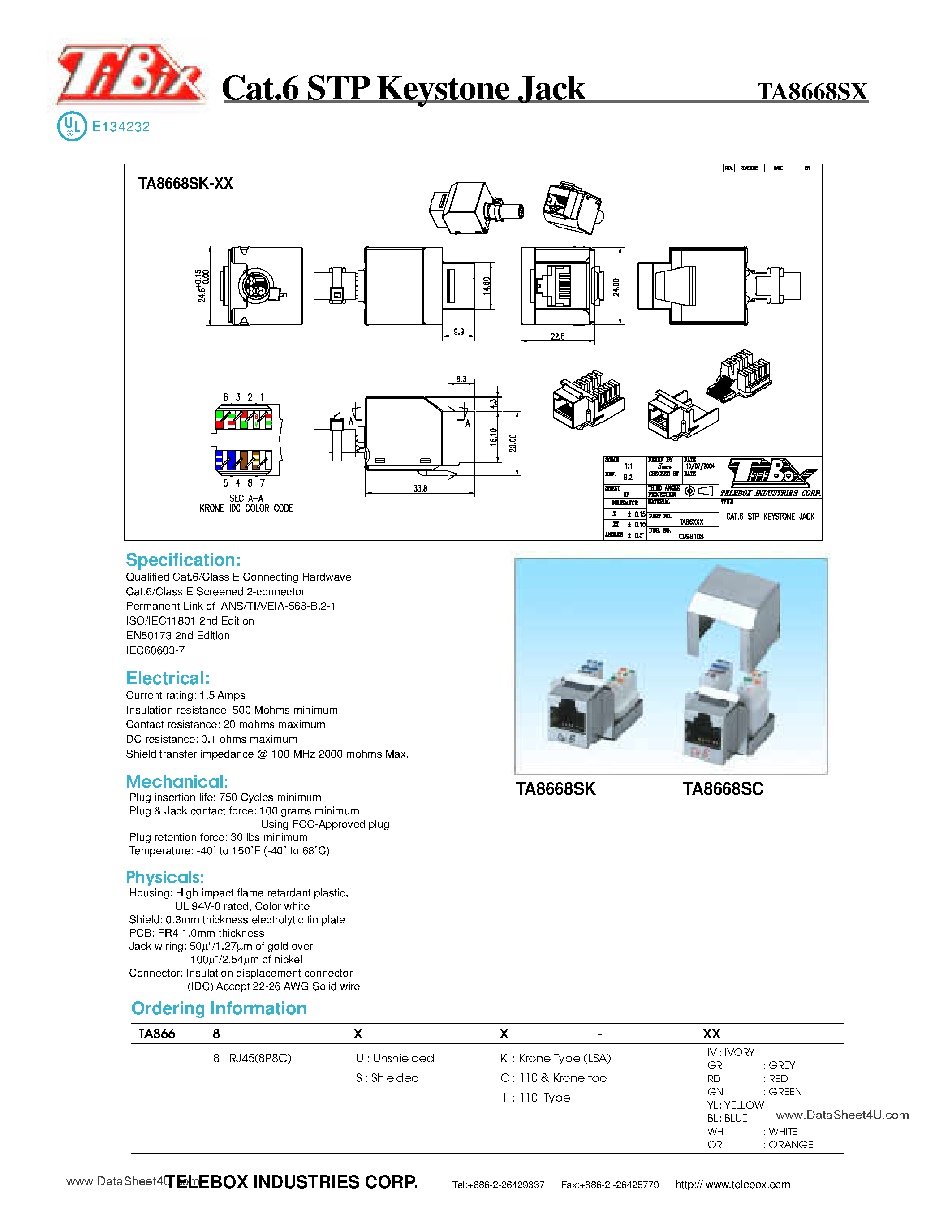 Даташит TA8668Sx - STP Keystone Jack страница 1