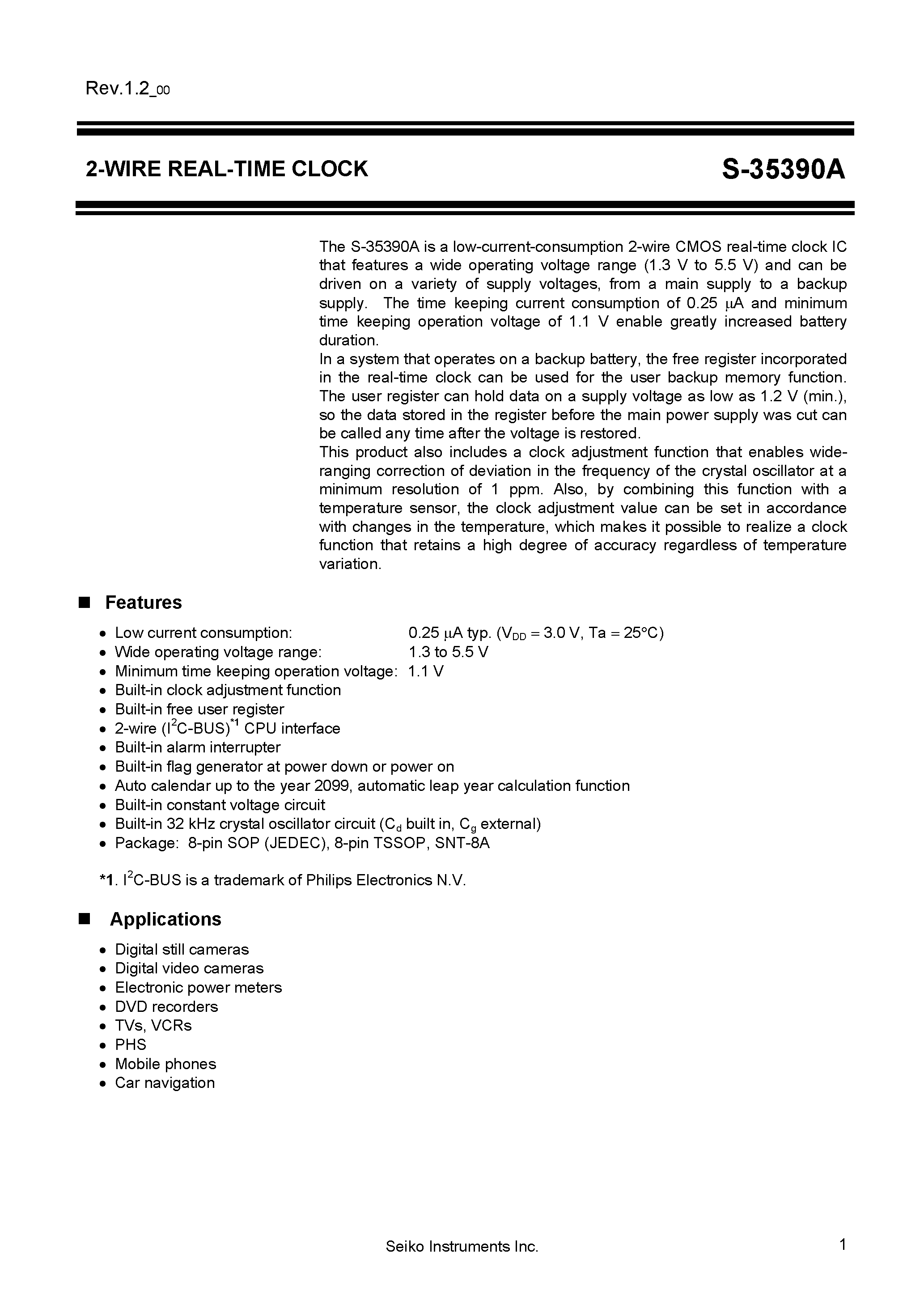 Даташит S35390A - 2-Wire Real Time Clock страница 1