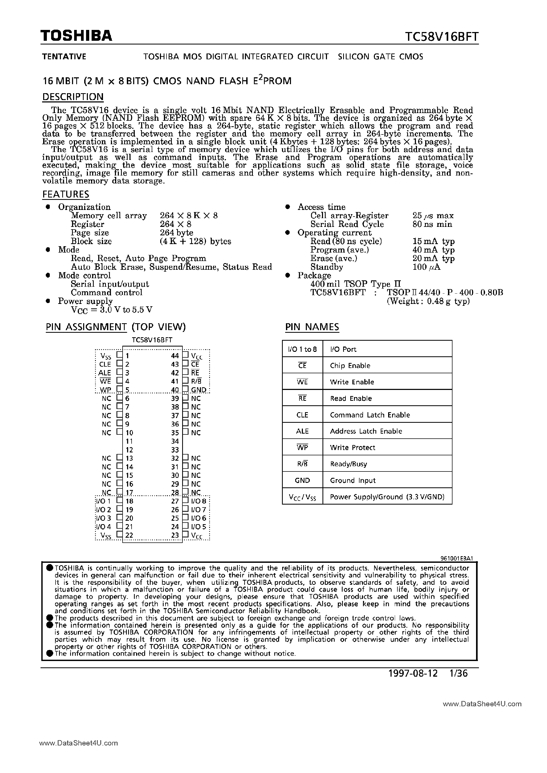 Datasheet TC58V16BFT - 16M-Bit CMOS NAND Flash EPROM page 1