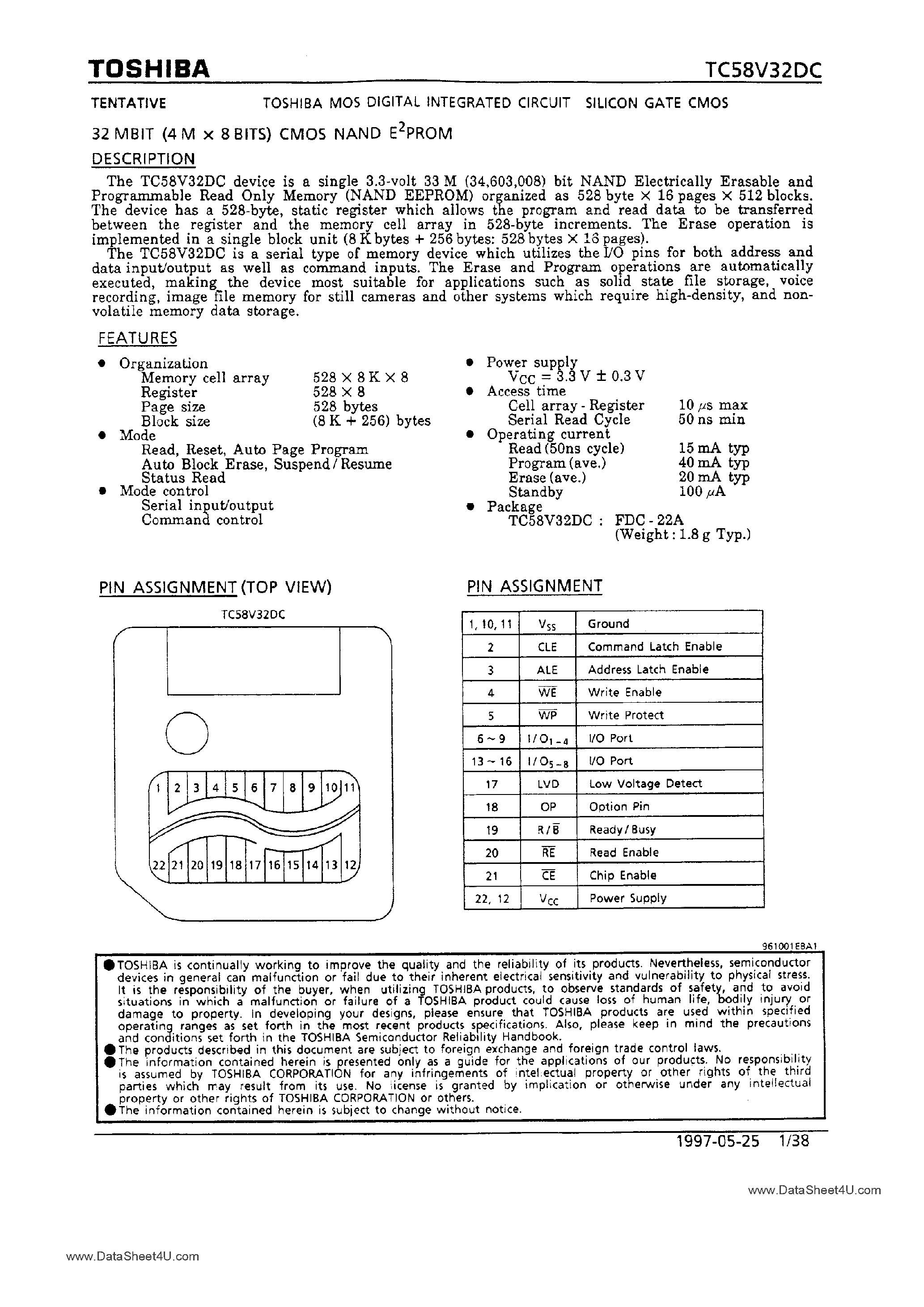 Datasheet TC58V32DC - 32M-Bit CMOS NAND EPROM page 1