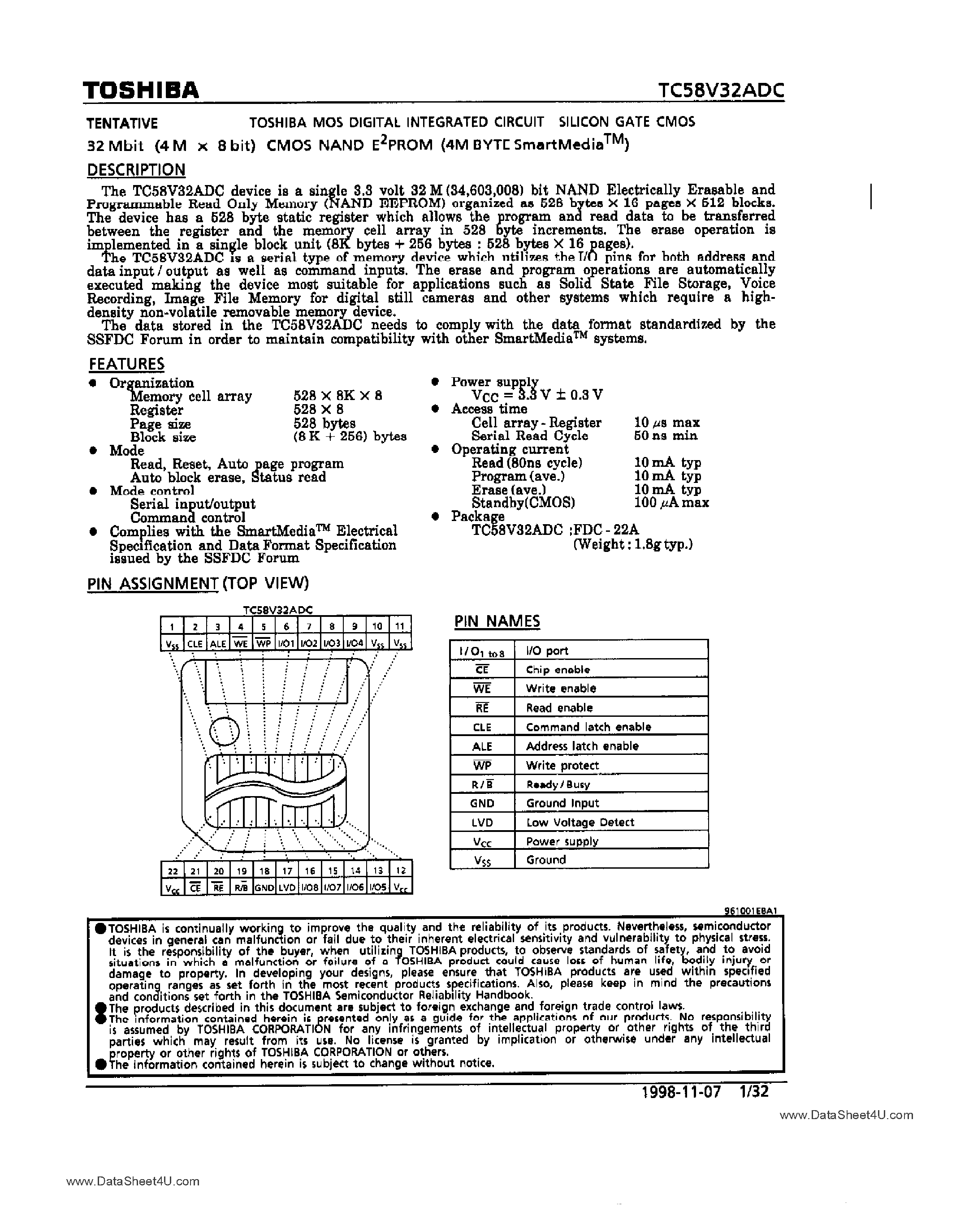 Datasheet TC58V32ADC - 32M-Bit CMOS NAND EPROM page 1