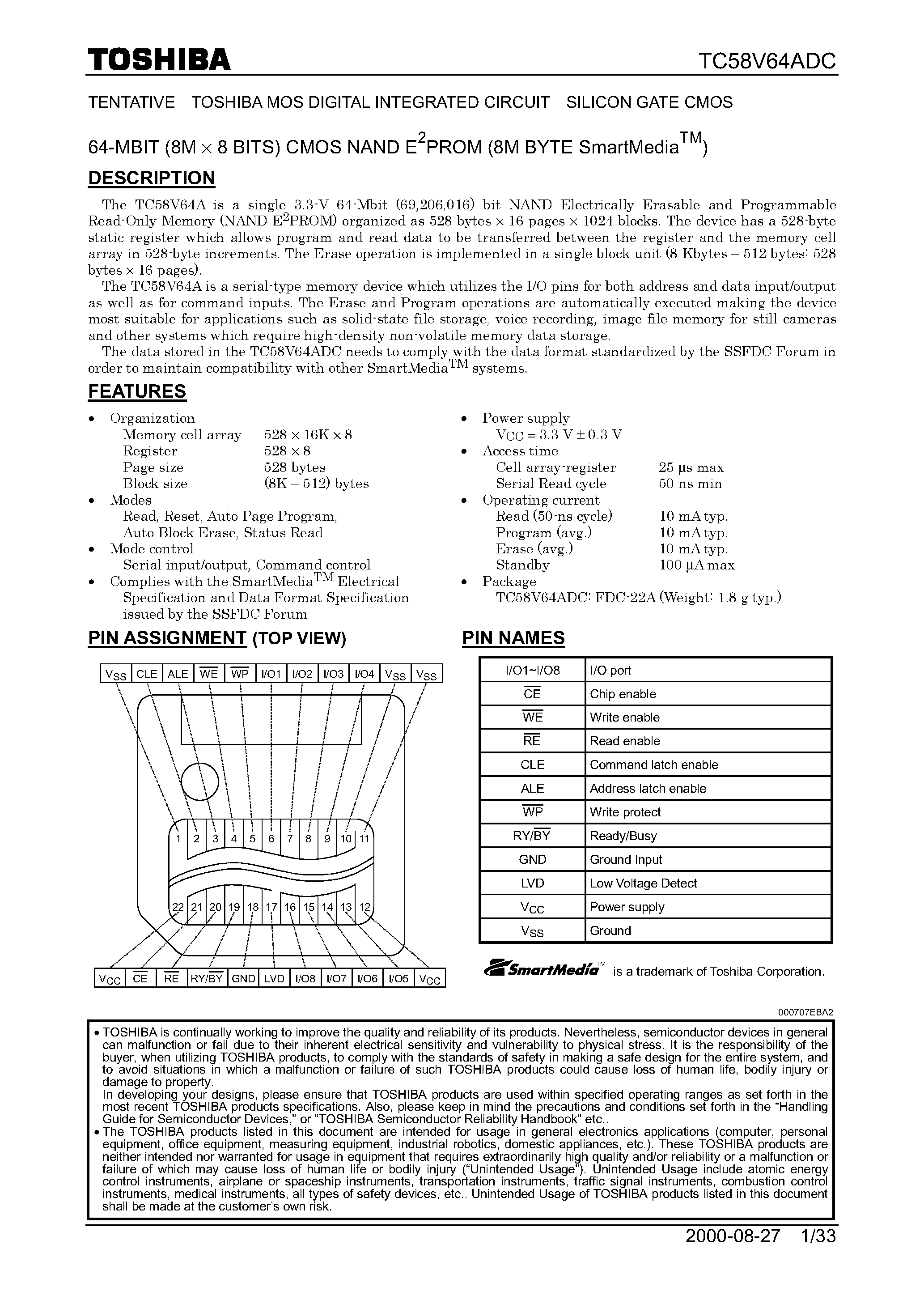 Datasheet TC58V64ADC - 64M-Bit CMOS NAND EPROM page 1