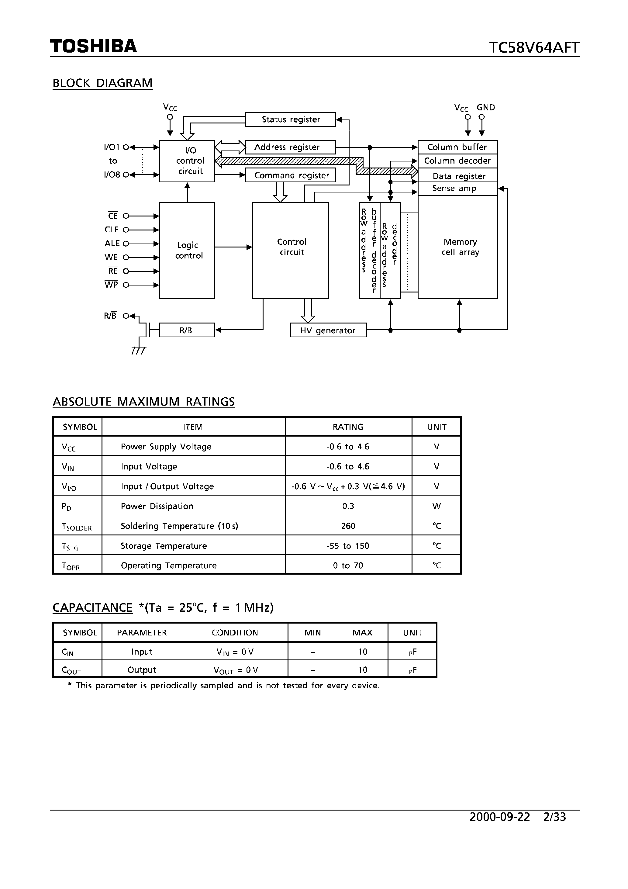 Datasheet TC58V64AFT - 64M-Bit CMOS NAND EPROM page 2