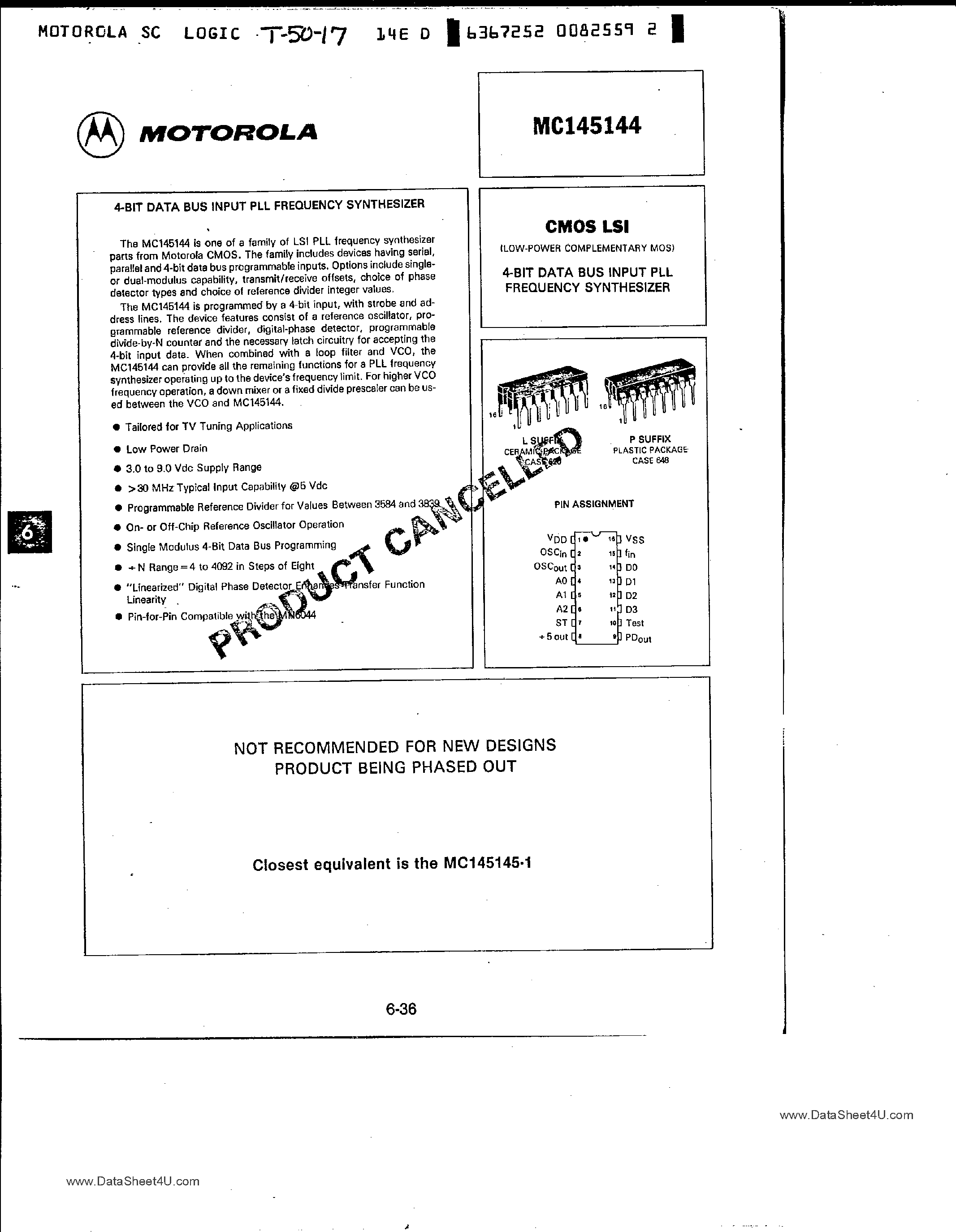 Даташит MC145144 - 4-Bit Data Bus Input PLL Frequency Synthesizer страница 1