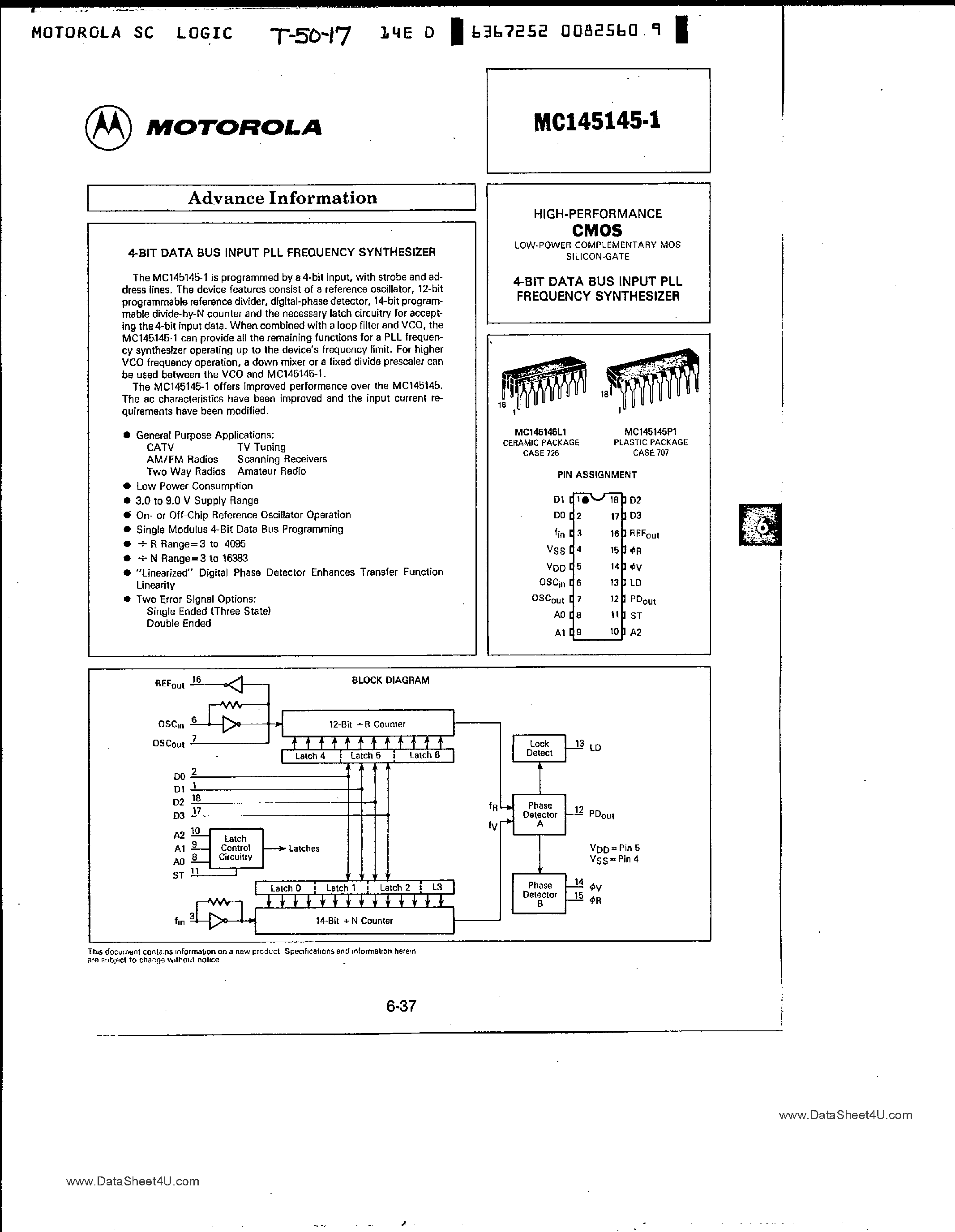 Даташит MC145145-1 - 4-Bit Data Bus Input PLL Frequency Synthesizer страница 1