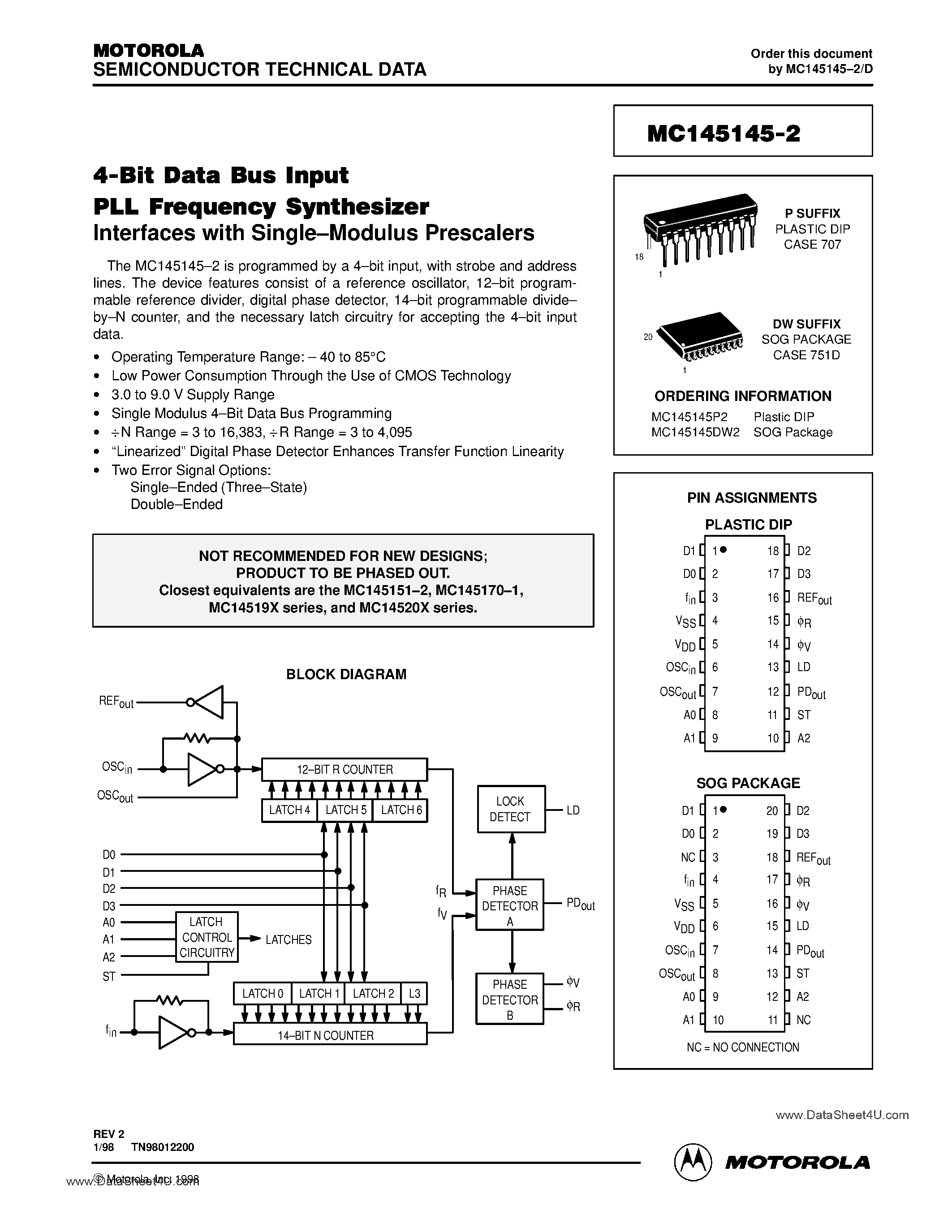 Даташит MC145145-2 - 4-Bit Data Bus Input PLL Frequency Synthesizer страница 1