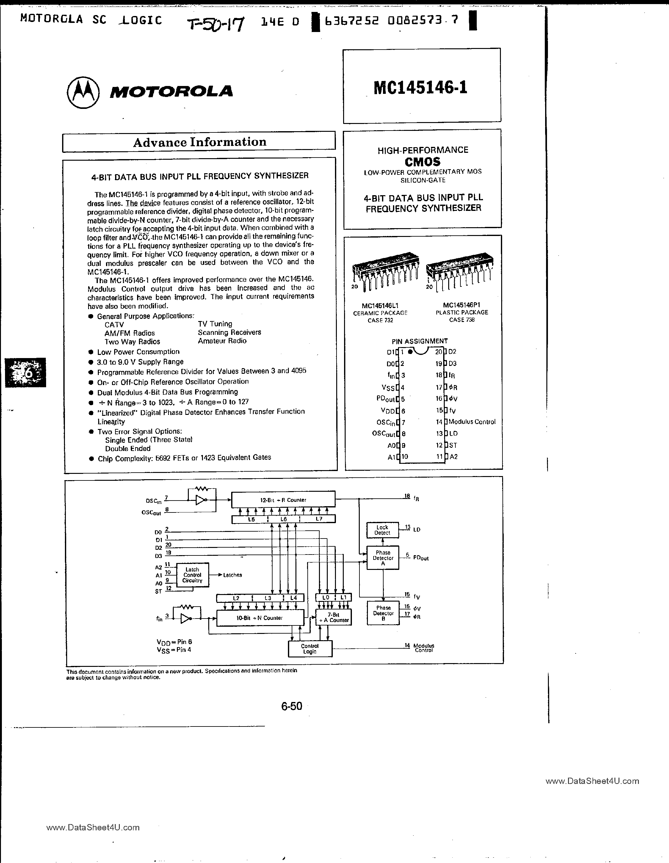 Даташит MC145146-1 - 4-Bit Data Bus Input PLL Frequency Synthesizer страница 1