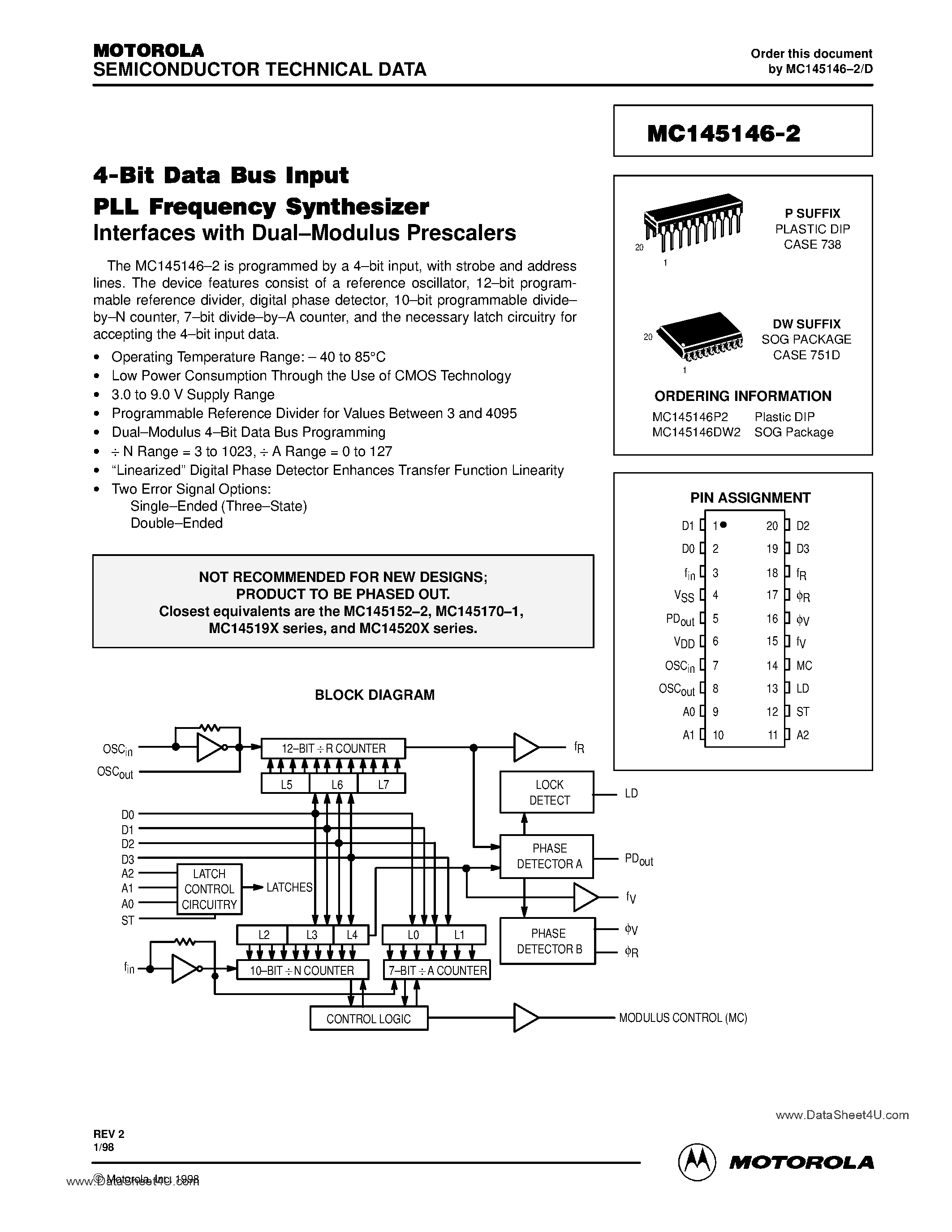 Даташит MC145146-2 - 4-Bit Data Bus Input PLL Frequency Synthesizer страница 1