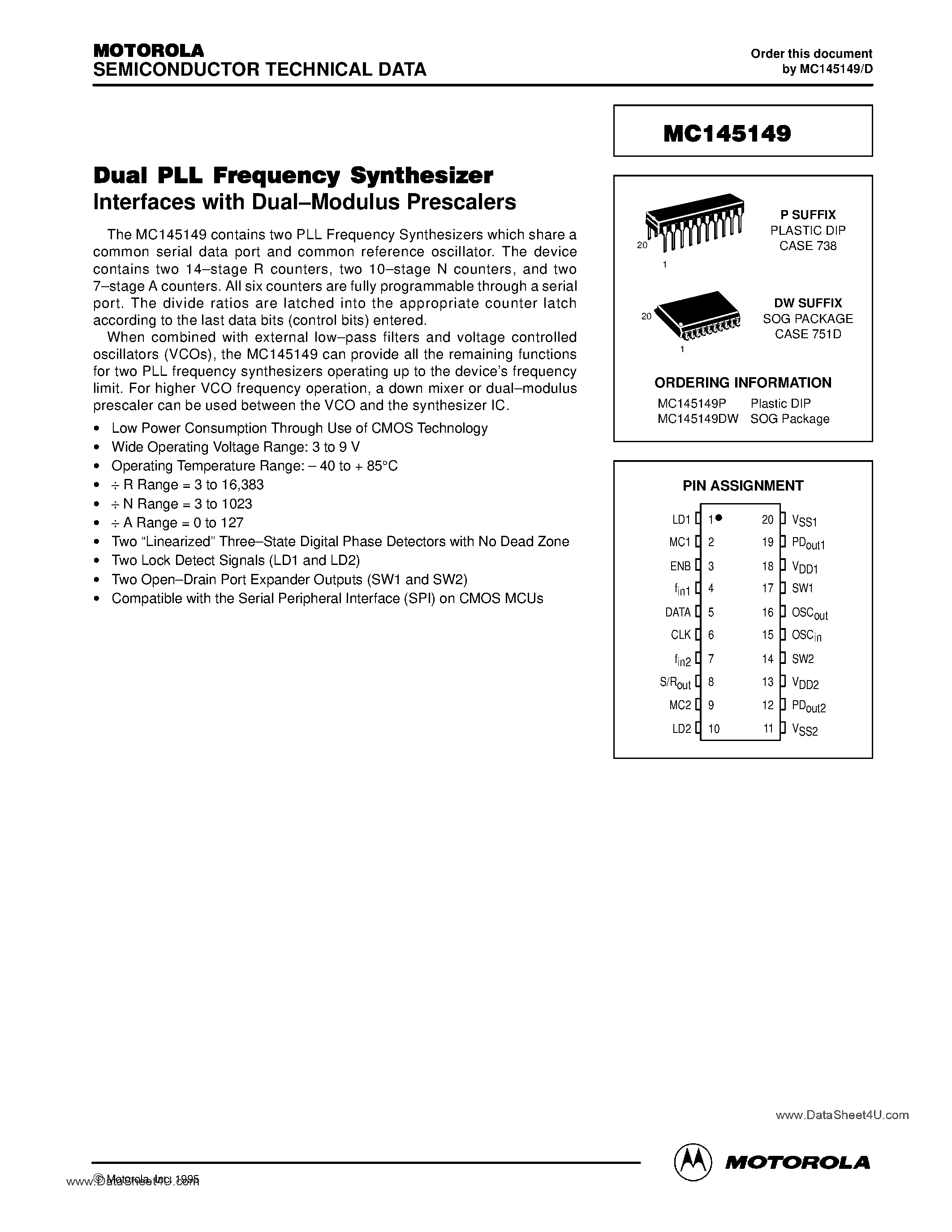 Даташит MC145149 - Dual PLL Frequency Synthesizer страница 1