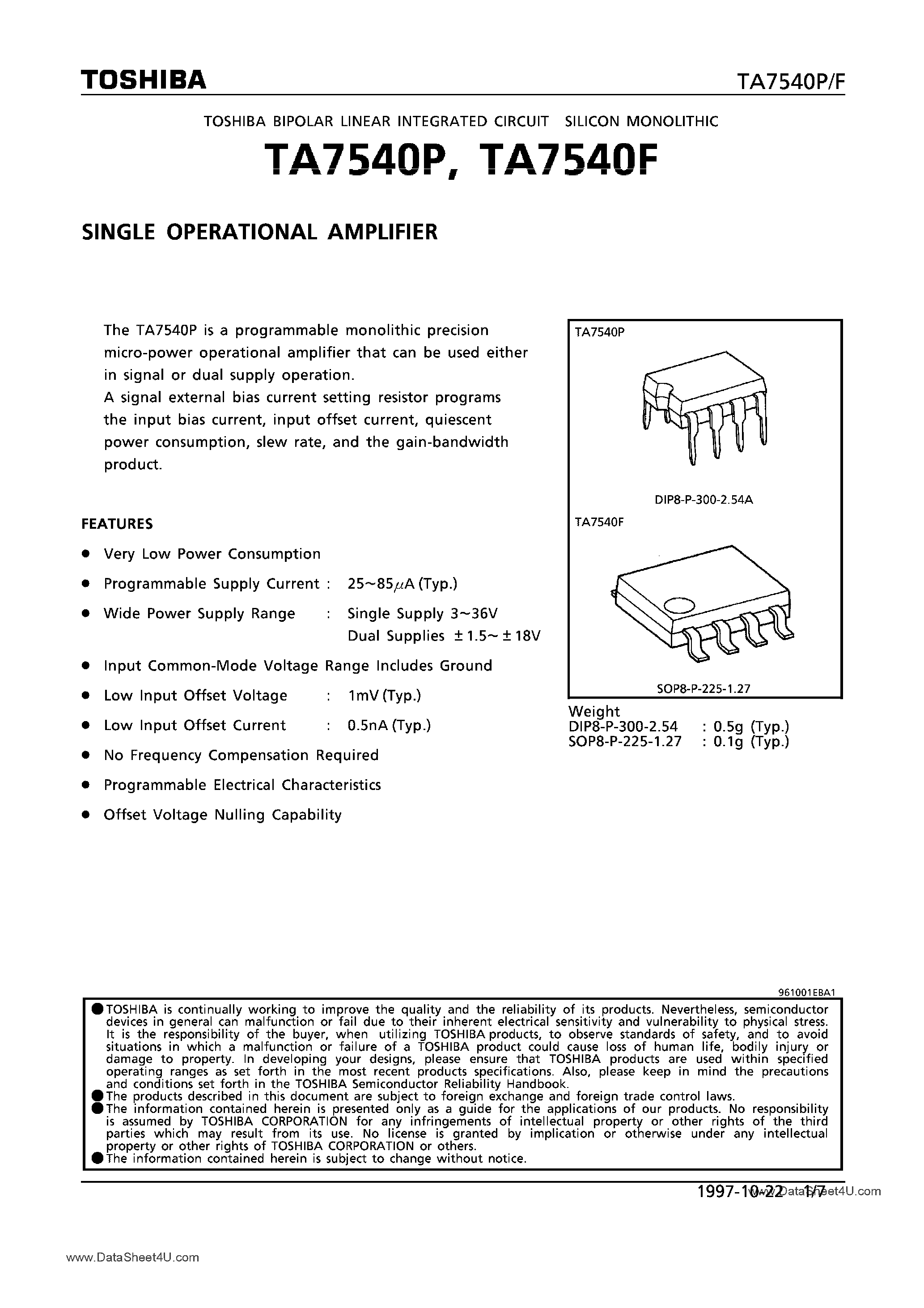 Даташит TA7540F - (TA7540F/P) SINGLE OPERATIONAL AMPLIFIER страница 1