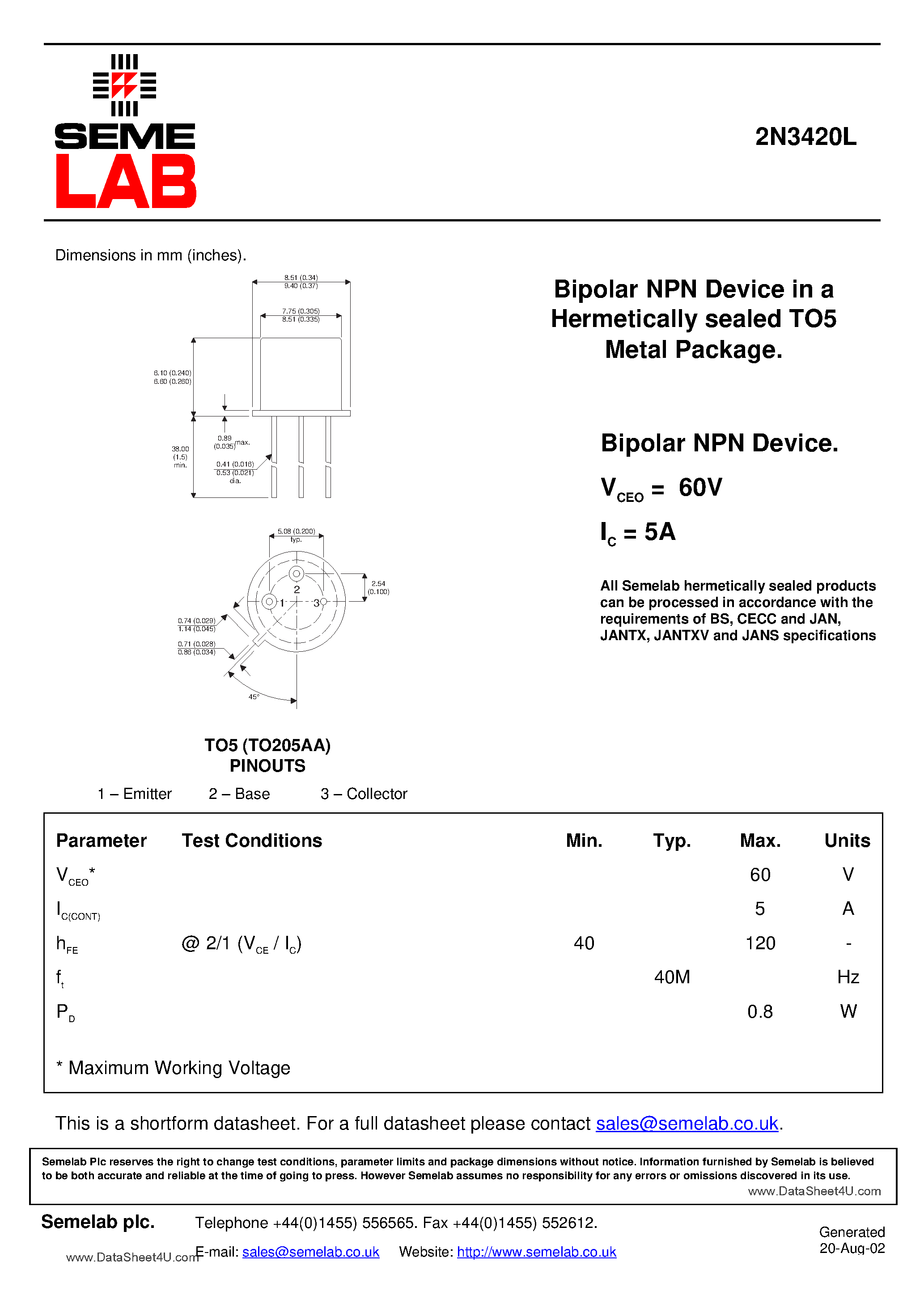 Даташит 2N3420L - Bipolar NPN Device страница 1