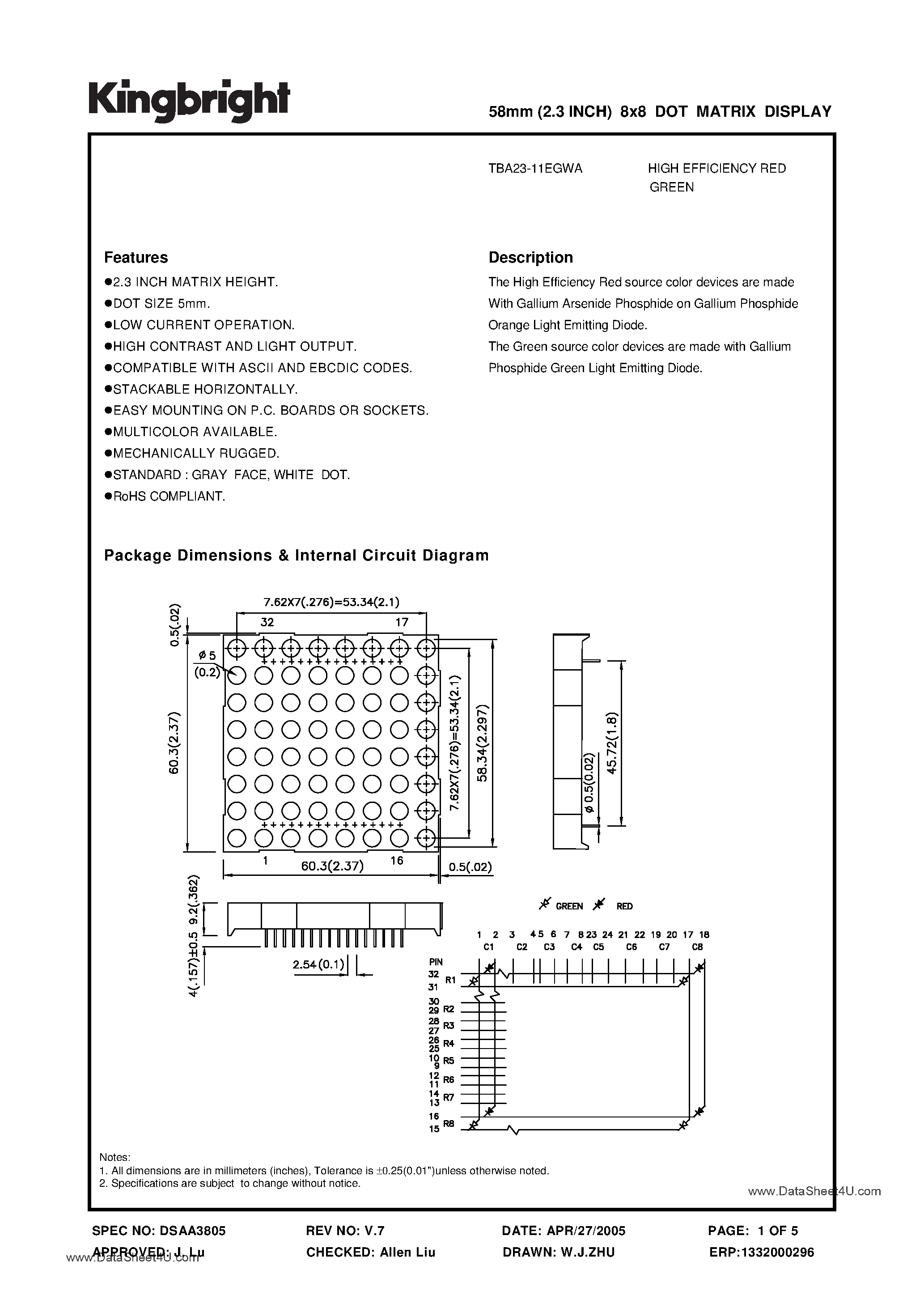 Даташит TBA23-11EGWA - 58mm (2.3INCH) 8x8 DOT MATRIX DISPLAY страница 1