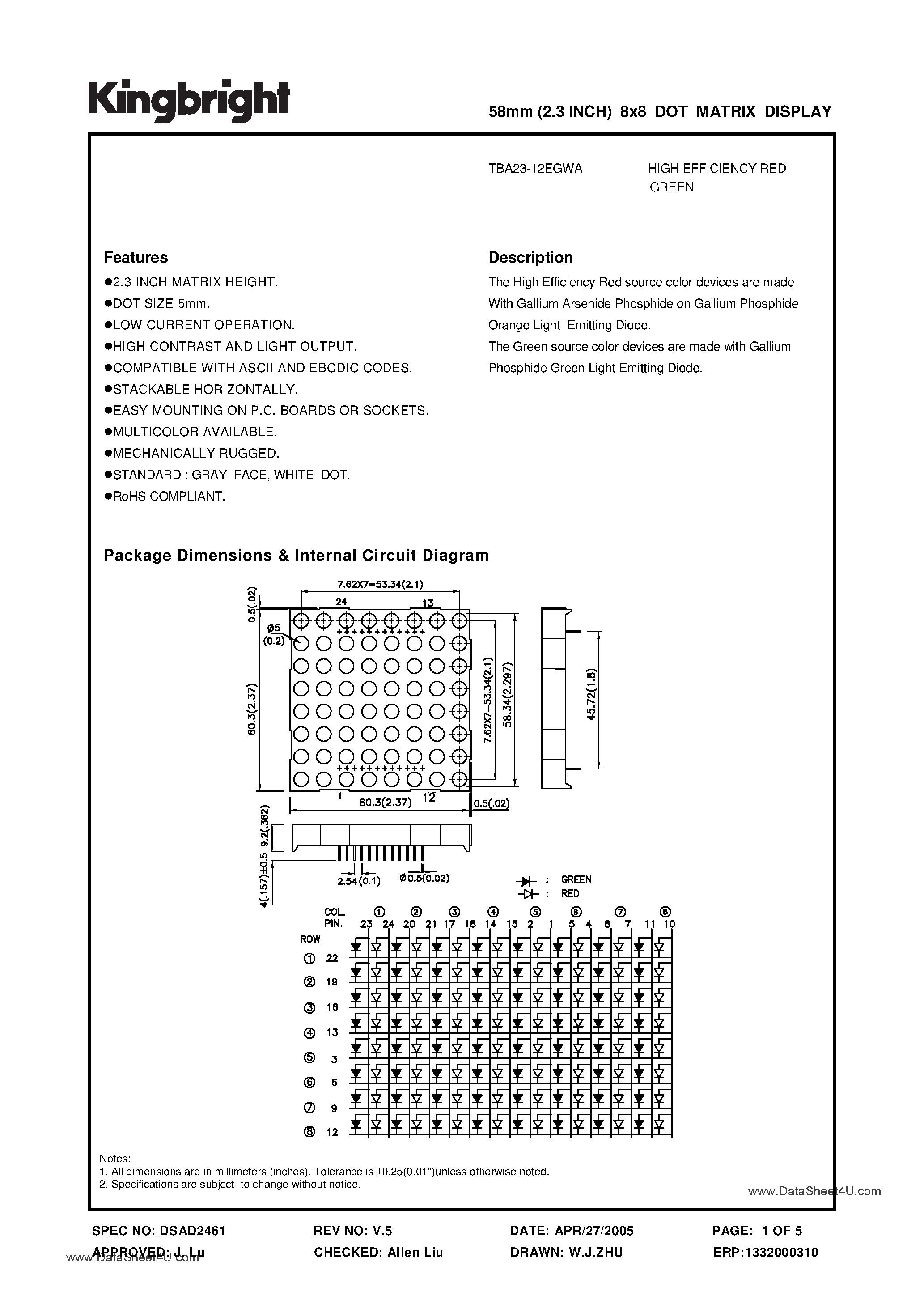 Даташит TBA23-12EGWA - 58mm (2.3INCH) 8x8 DOT MATRIX DISPLAY страница 1