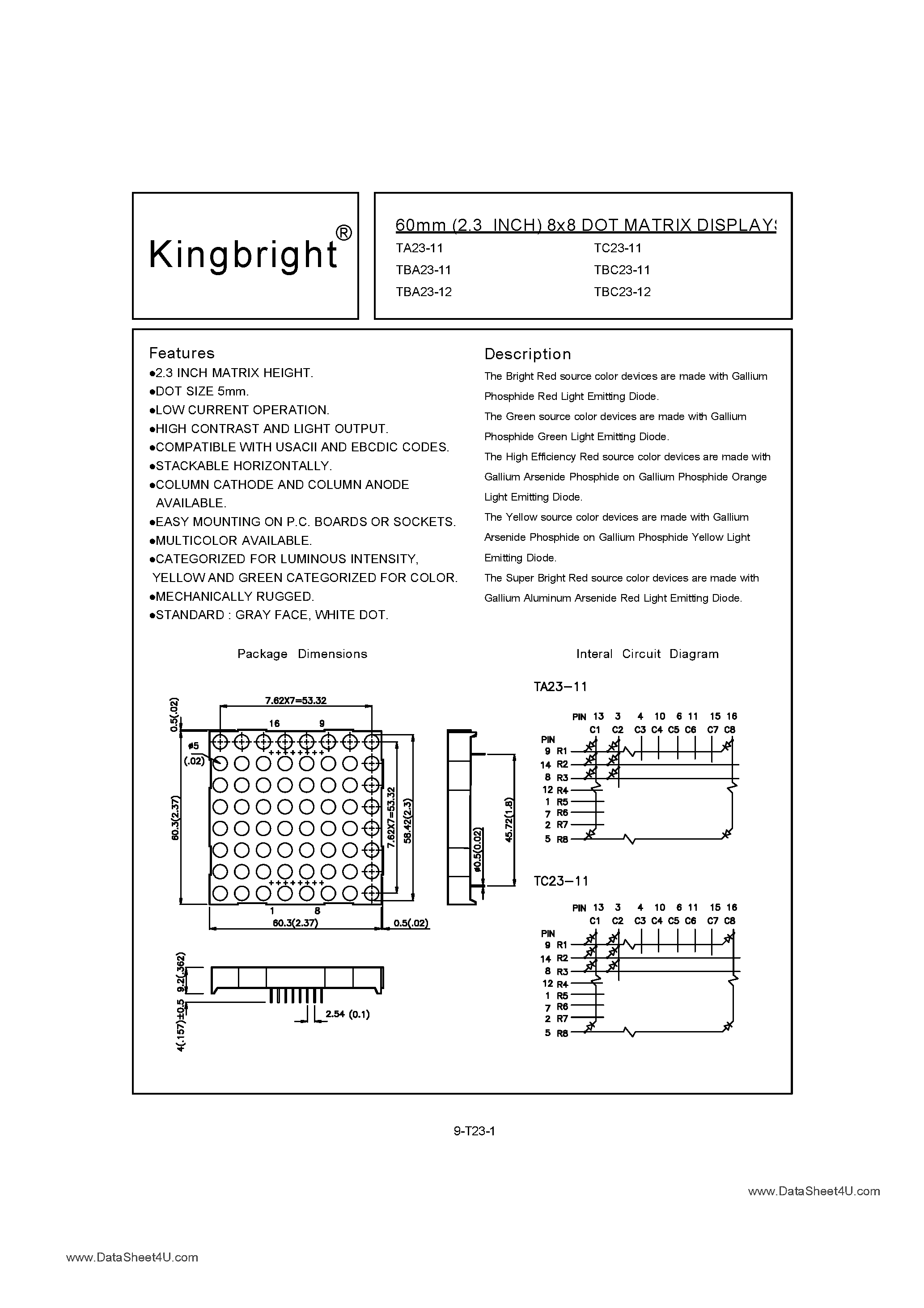Даташит TBA23-11HGWA - 60mm (2.3INCH) 8x8 DOT MATRIX DISPLAY страница 1