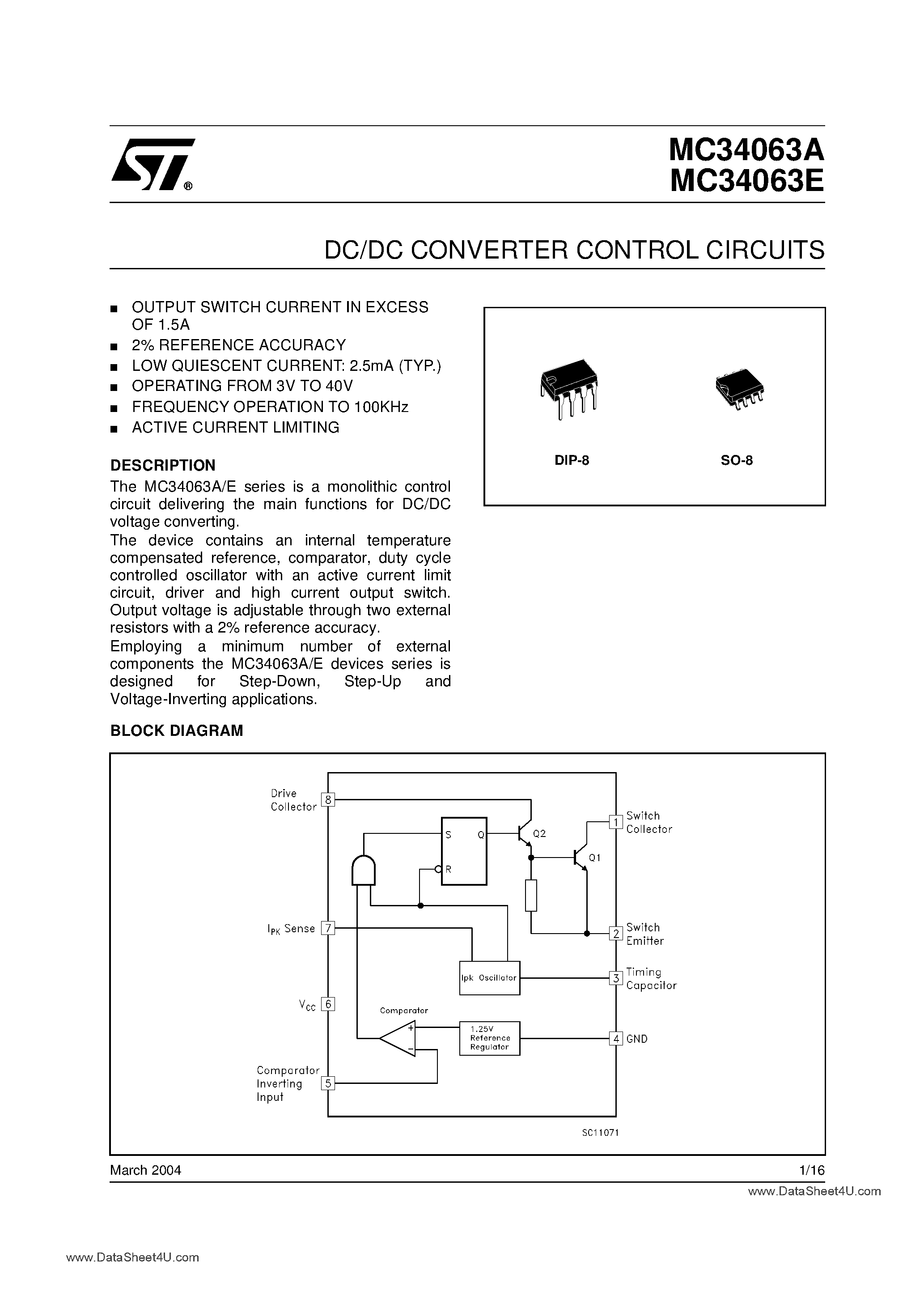 Даташит MC34063E - DC/DC Converter Contolr Circuits страница 1