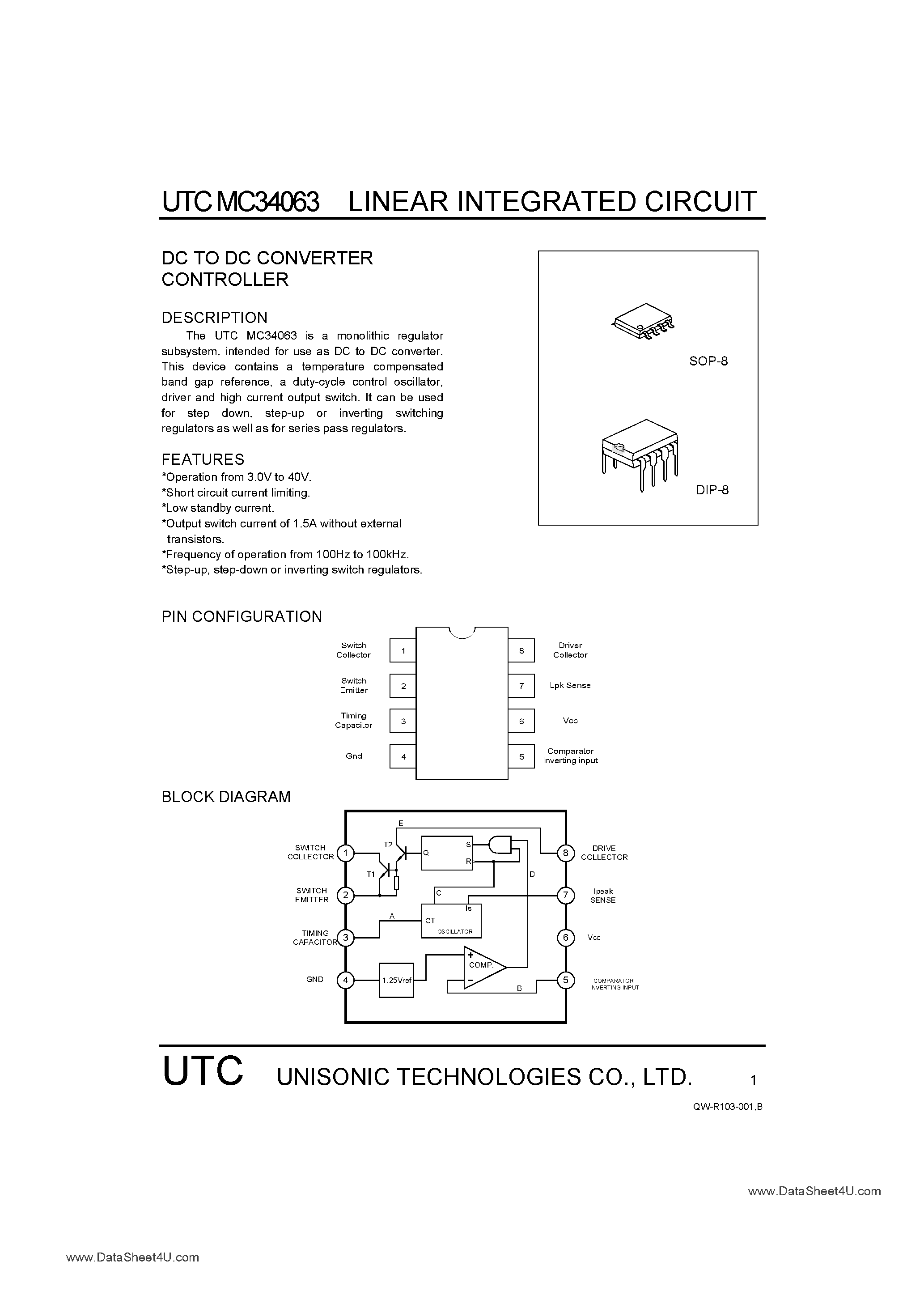 Datasheet MC34063 - DC to DC Converter Controller page 1
