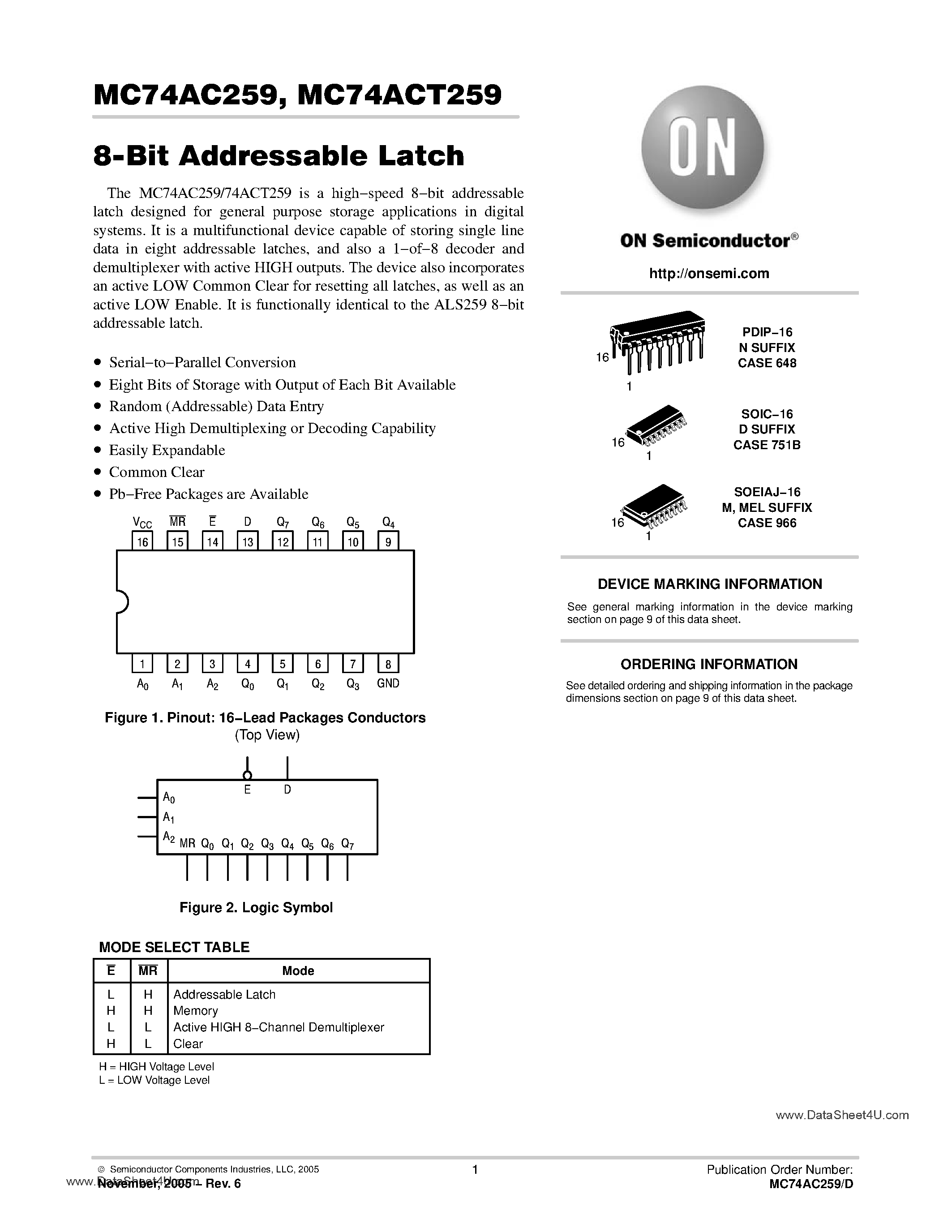 Даташит MC74AC259 - 8-BIT ADDRESSABLE LATCH страница 1