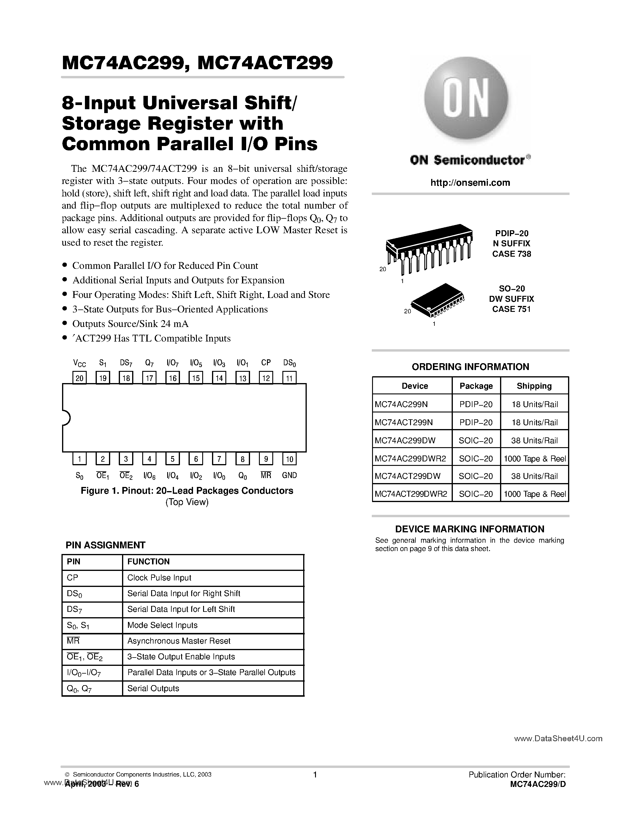 Datasheet MC74AC299 - 8-Input Universal Shift/ Storage Register with Common Parallel I/O Pins page 1