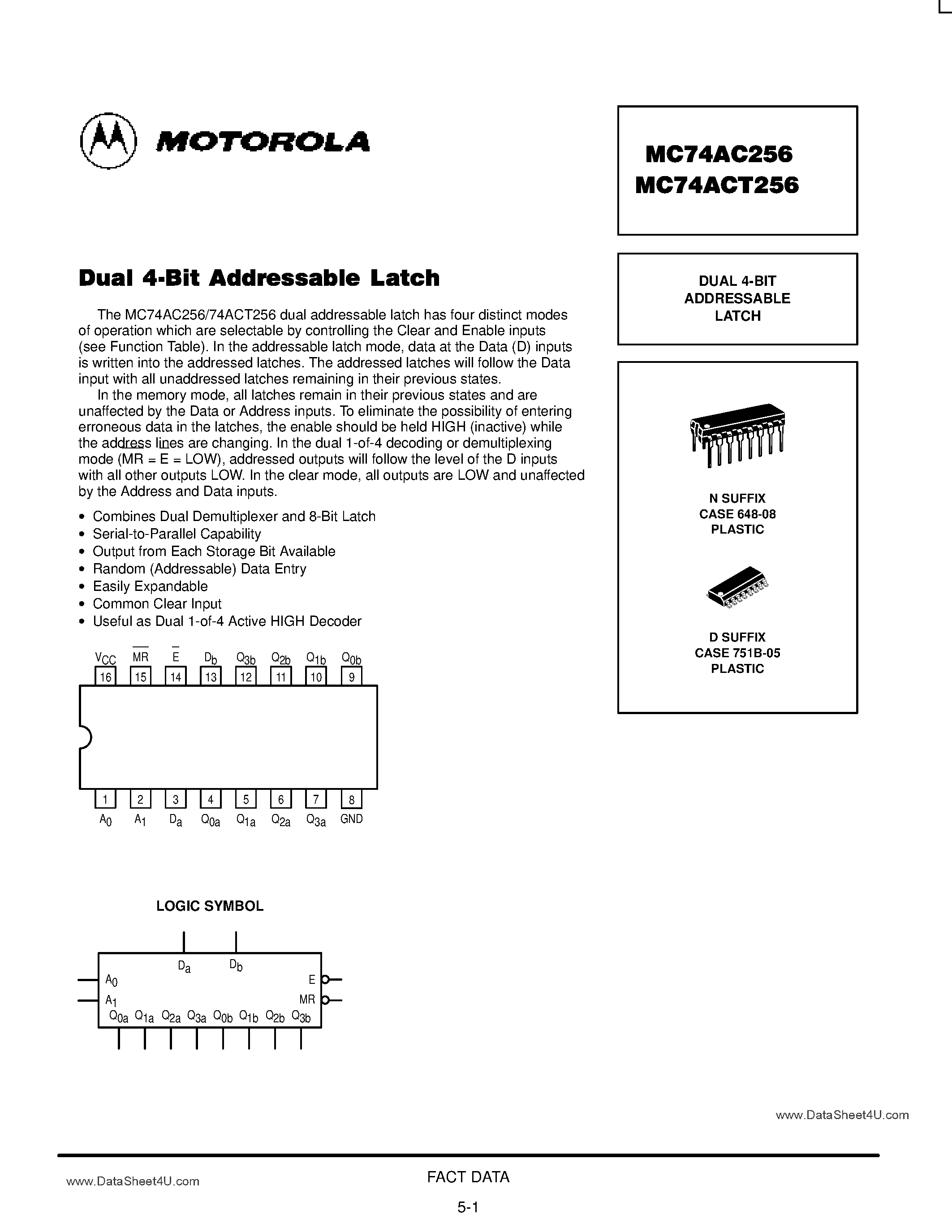 Даташит MC74AC256 - DUAL 4-BIT ADDRESSABLE LATCH страница 1