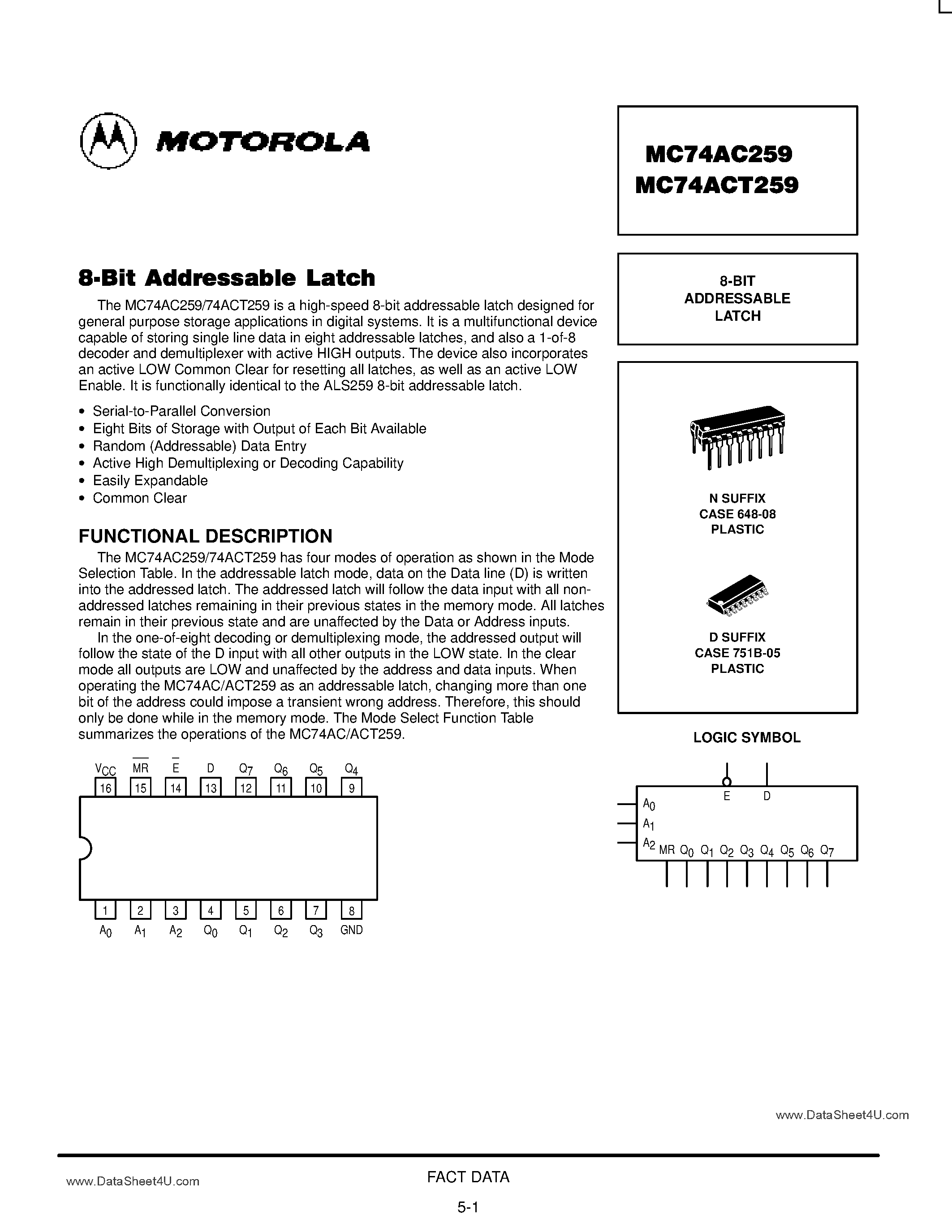 Даташит MC74AC259 - 8-BIT ADDRESSABLE LATCH страница 1