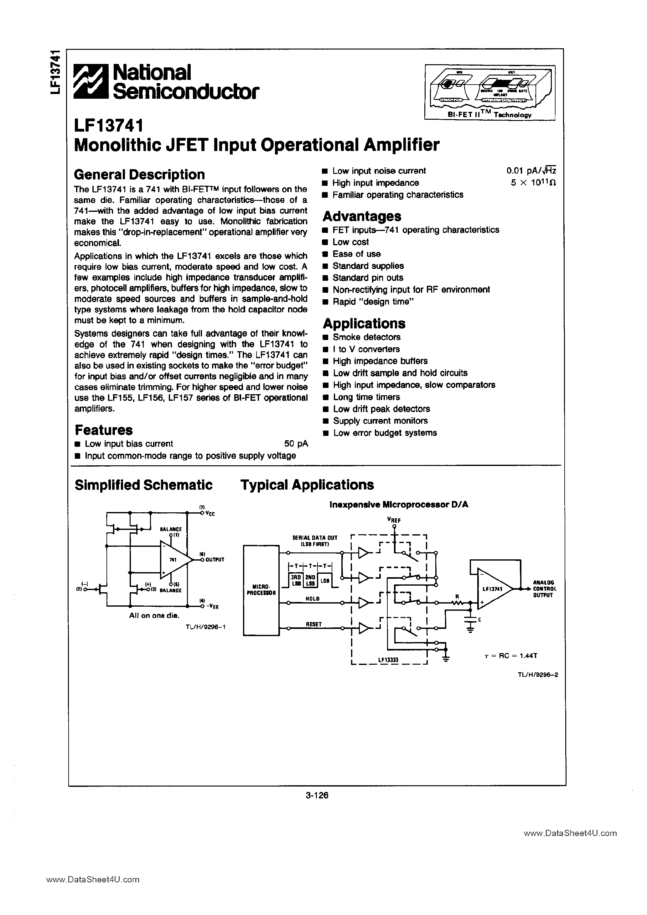 Datasheet LF13741 - MONOLITHIC JFET INPUT OPERATIONAL AMPLIFIER page 1