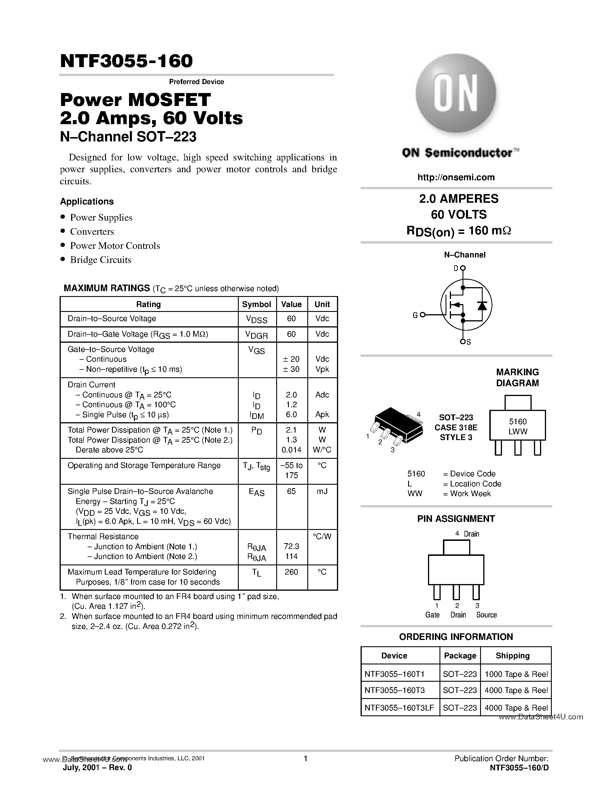 Даташит NTF3055-160 - Power MOSFET 2 Amp страница 1