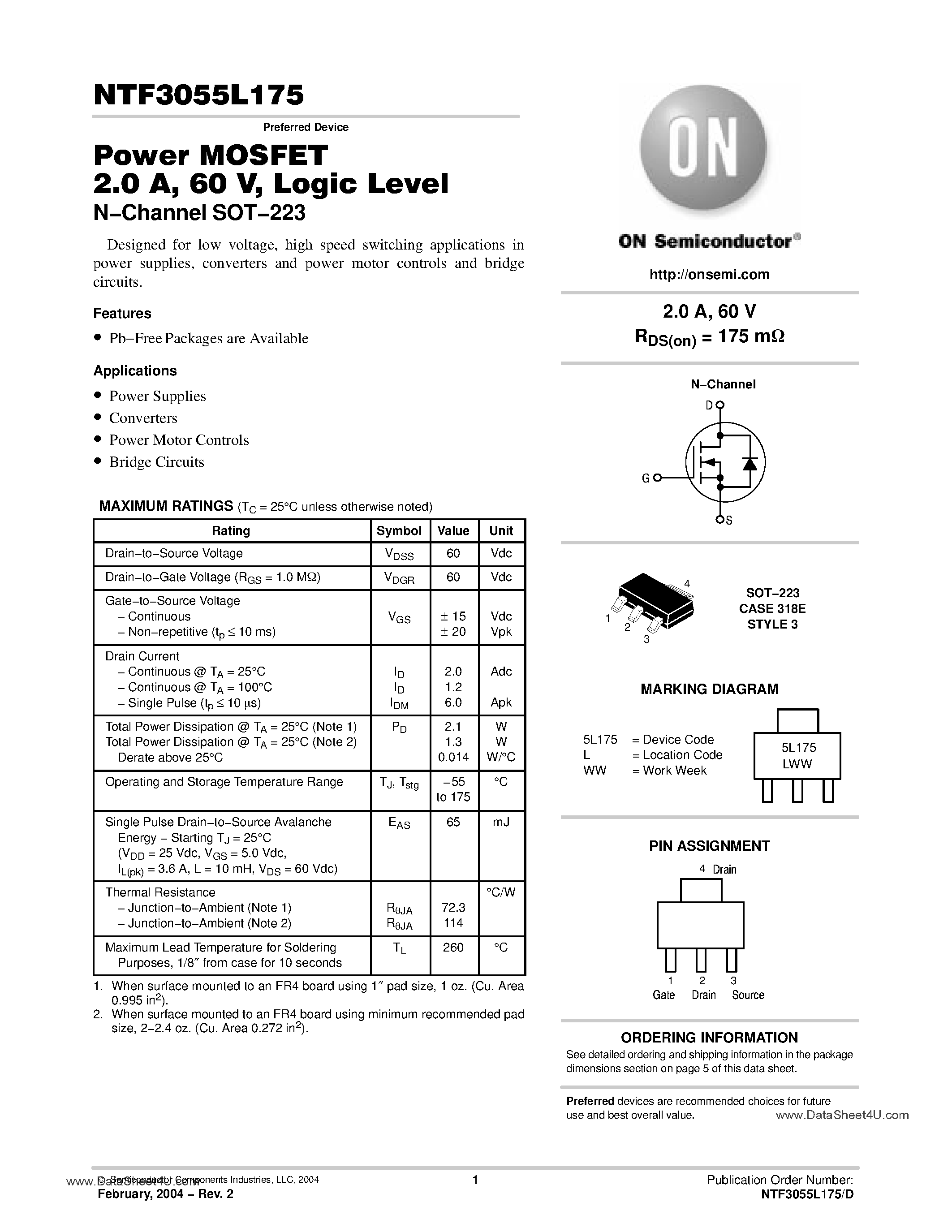 Даташит NTF3055L175 - Power MOSFET 2 Amp страница 1